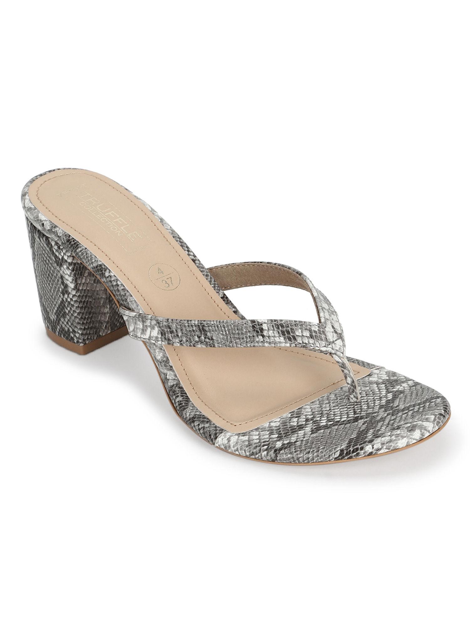 grey snake pu slip on high heel sandals