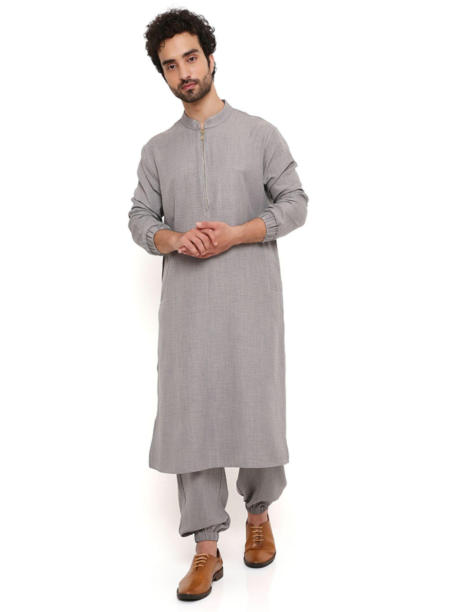 grey soft linen bomber kurta with jogger pant (set of 2)