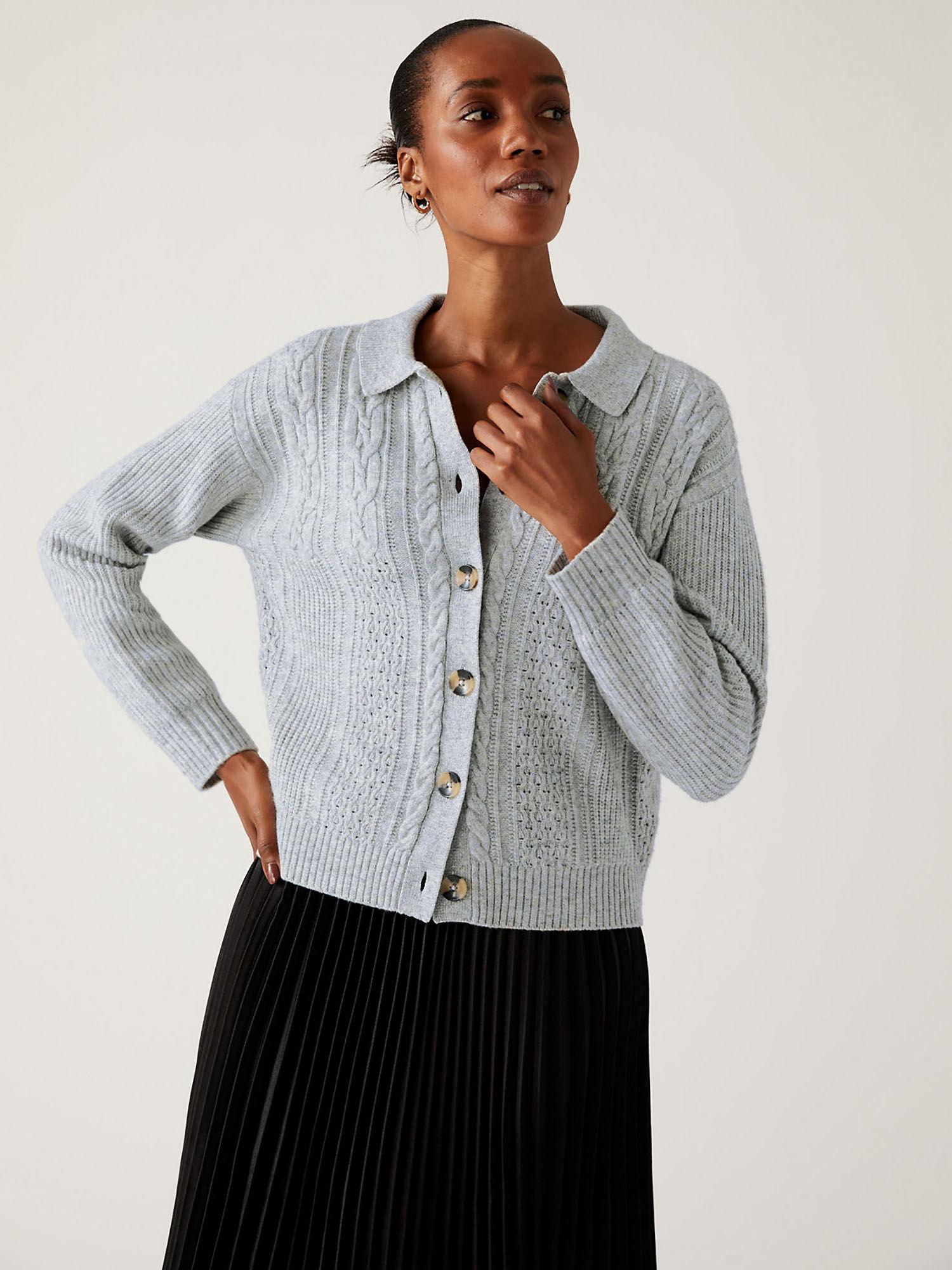 grey soft touch cable knit collared cardigan