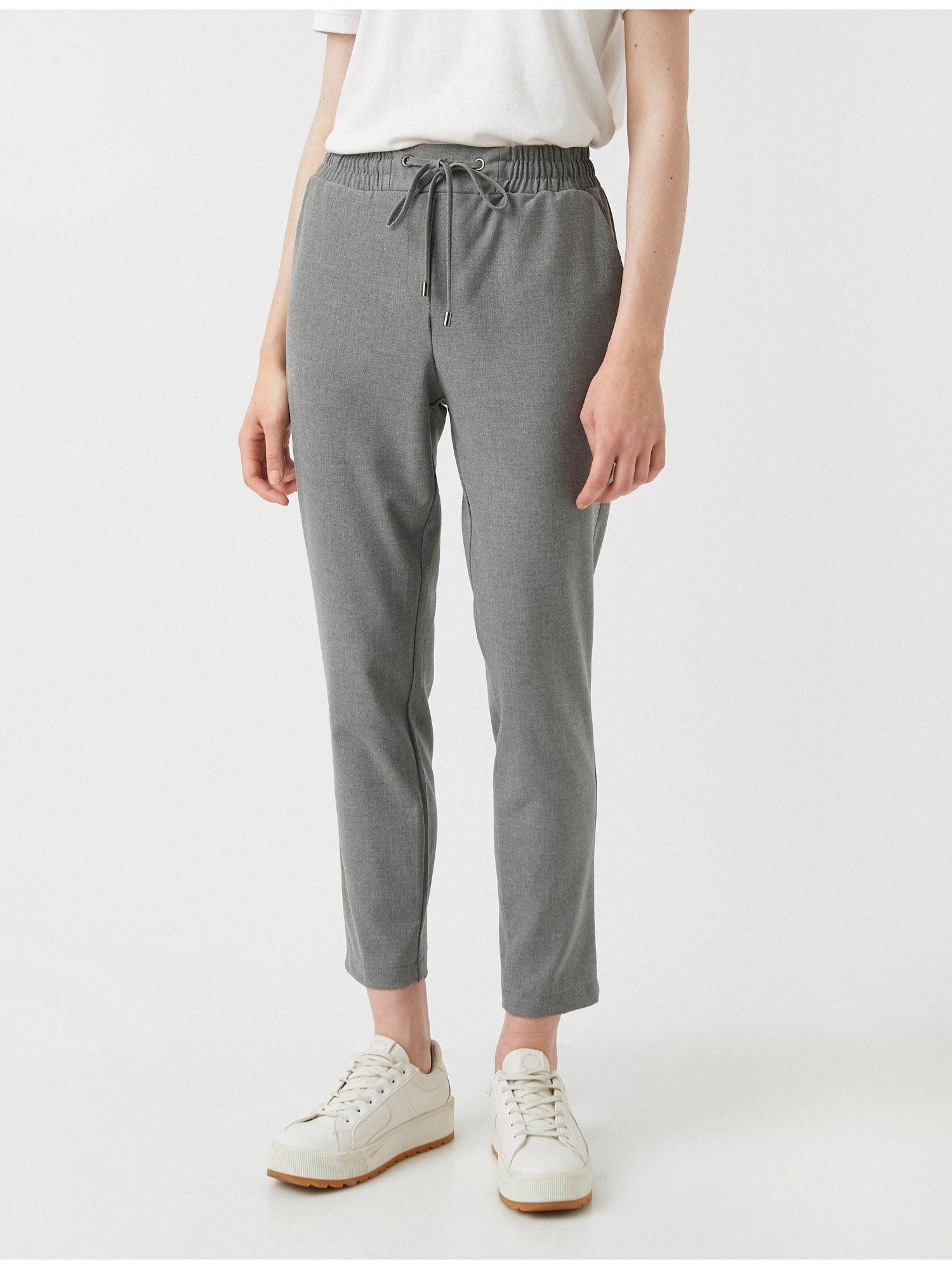 grey solid casual flat front trousers