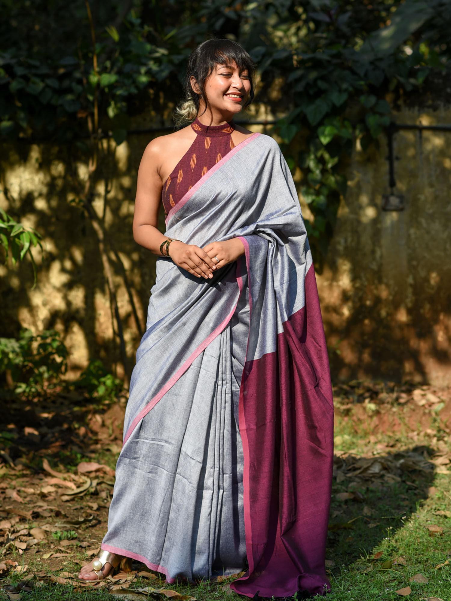 grey solid cotton blend saree