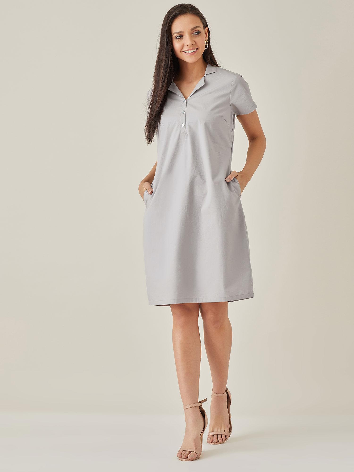 grey solid cotton shirt dress