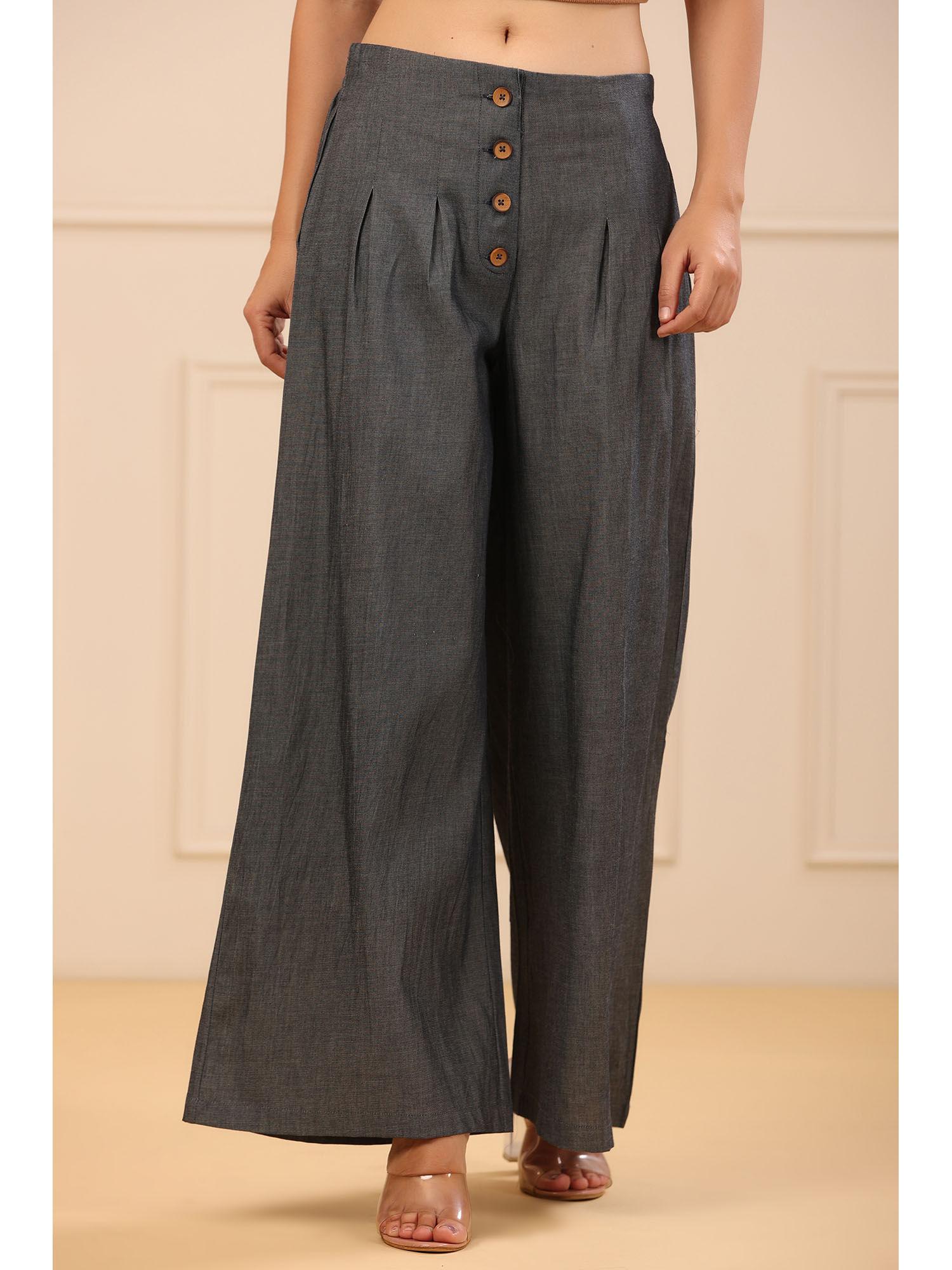 grey solid denim flared palazzos with a button closure & partially elasticated waistband