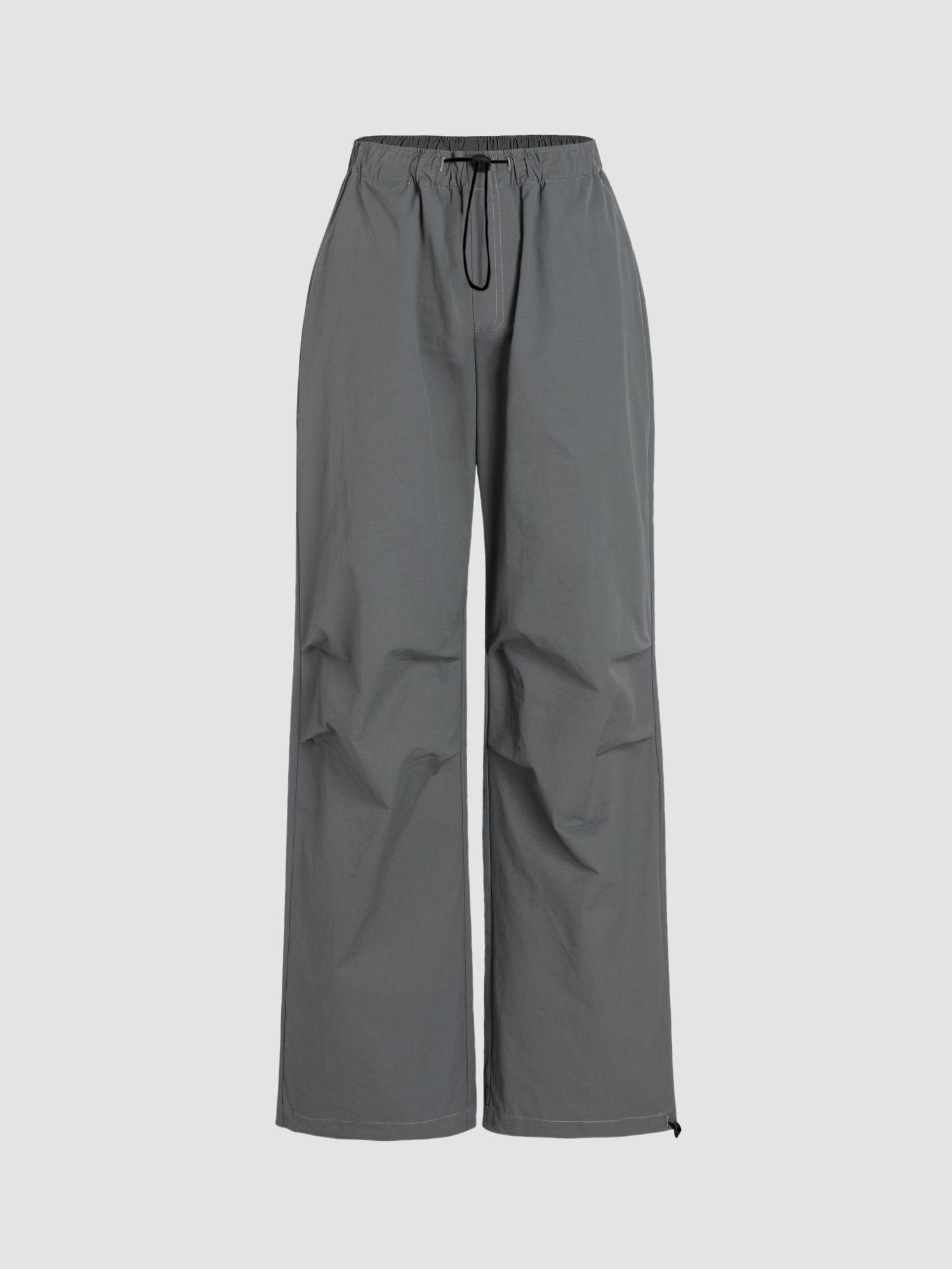 grey solid drawstring middle waist parachute pant