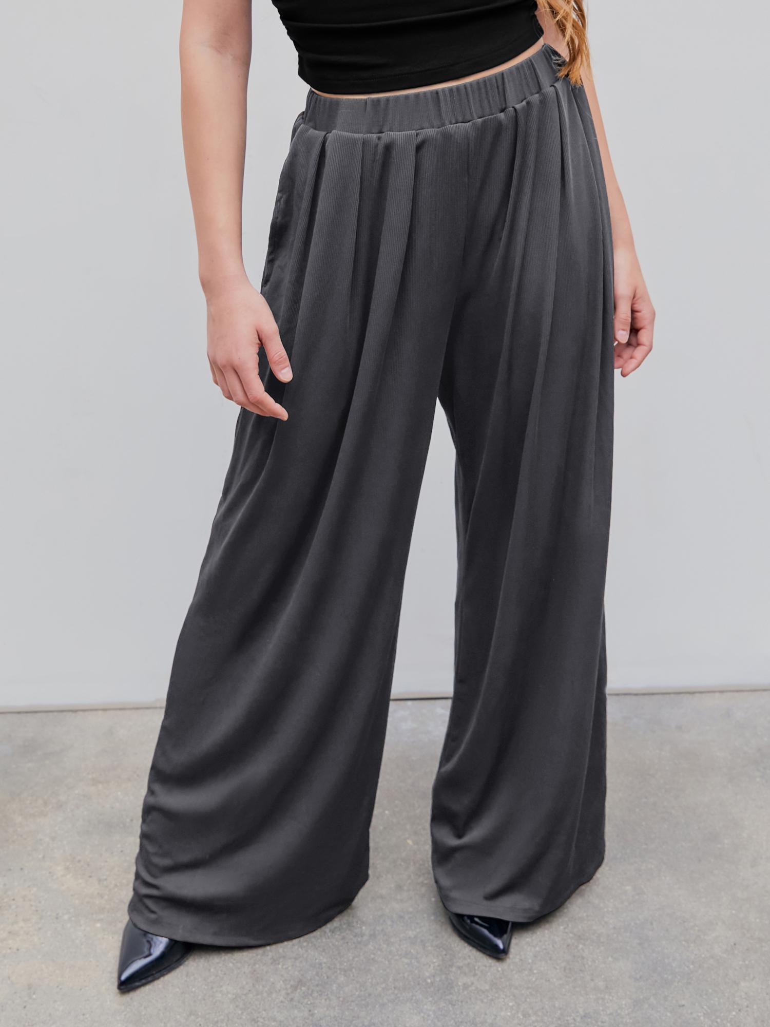 grey solid elastic waist wide leg pant