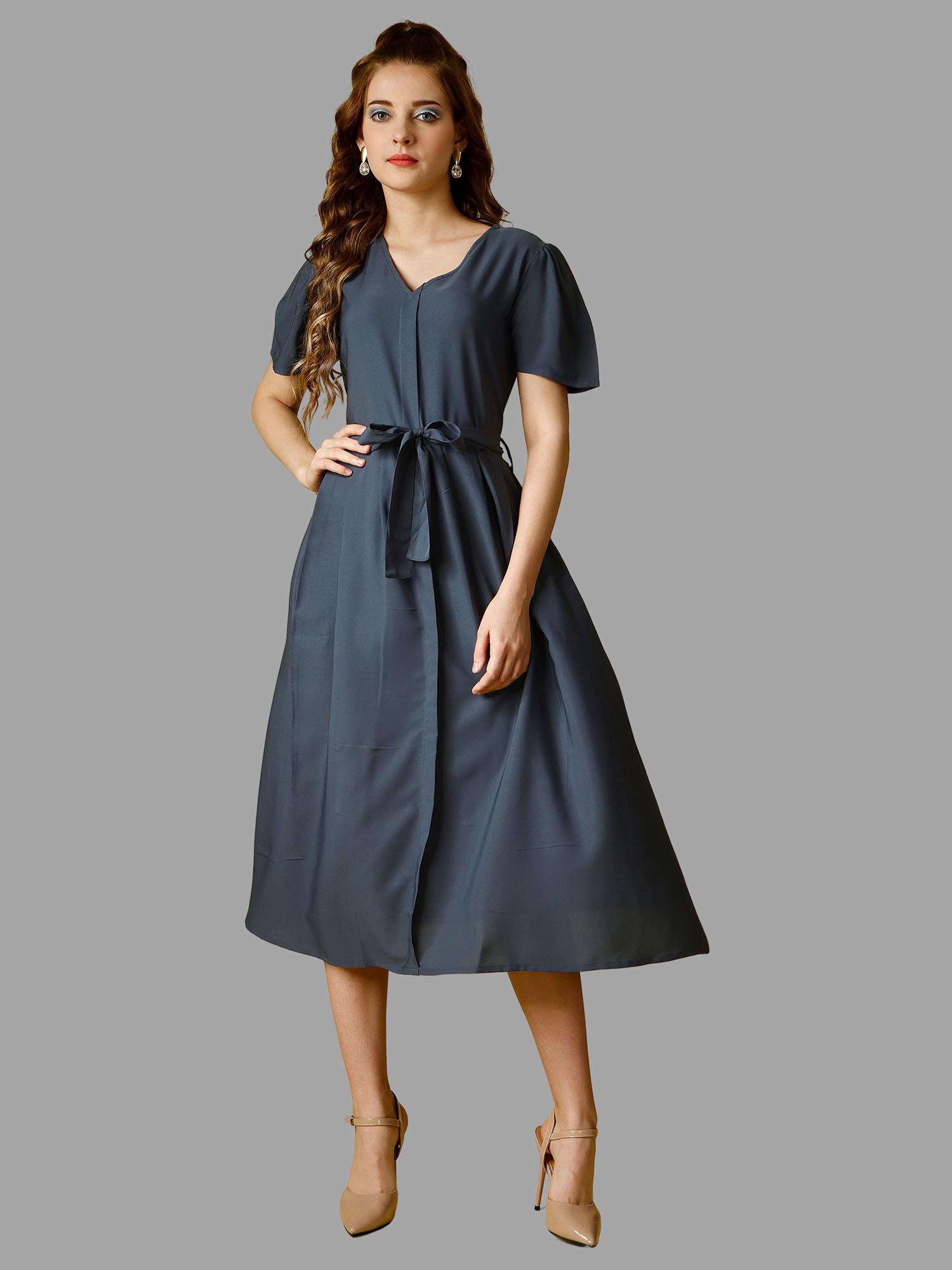 grey solid half sleeve midi dress for women with belt (set of 2)