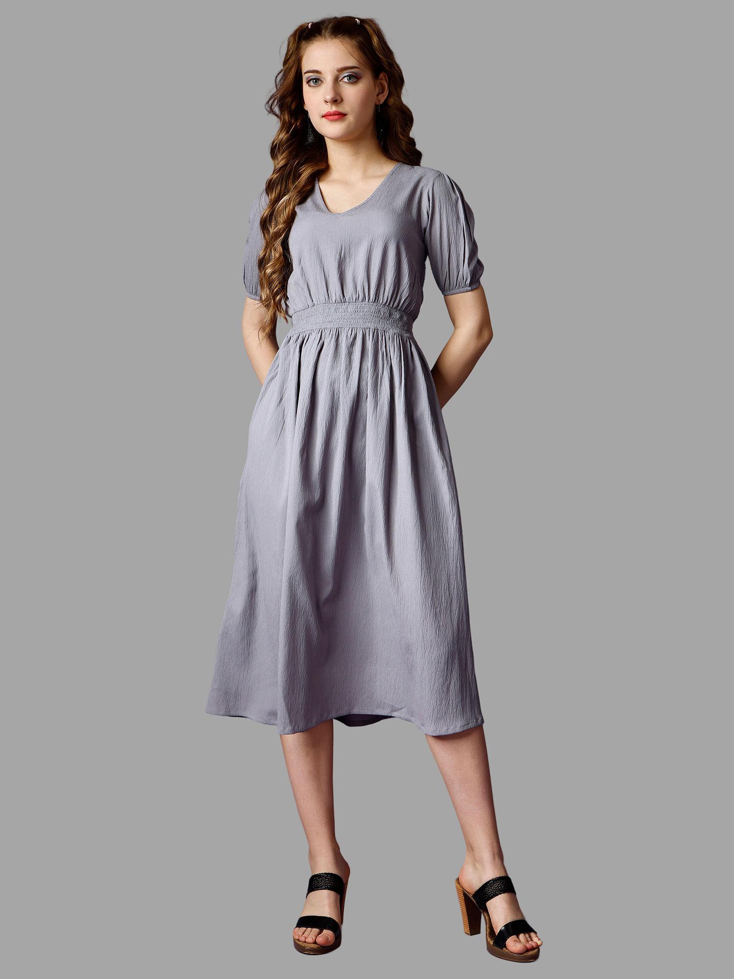 grey solid half sleeve midi dress for women