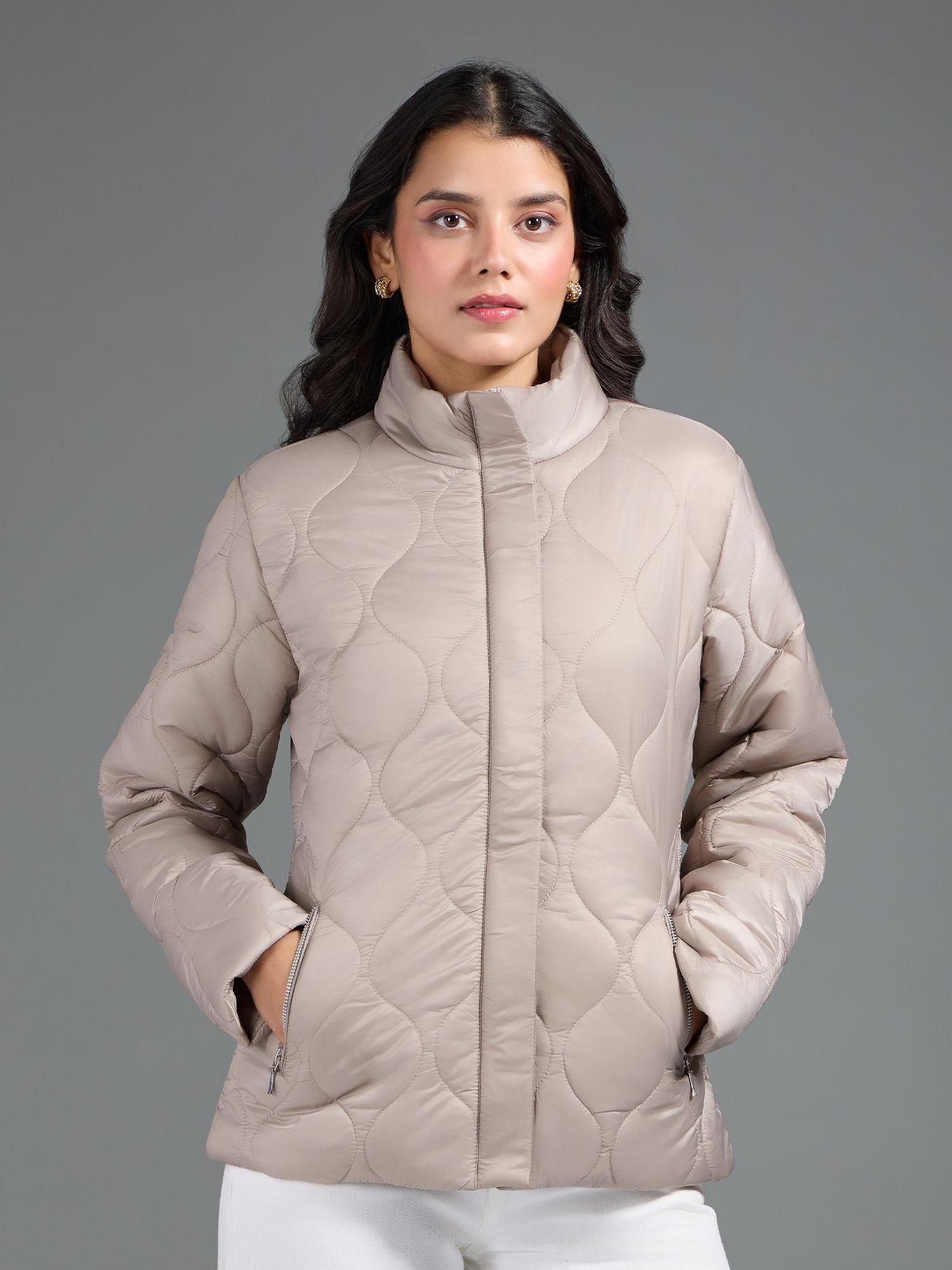 grey solid high neck quilted puffer jacket