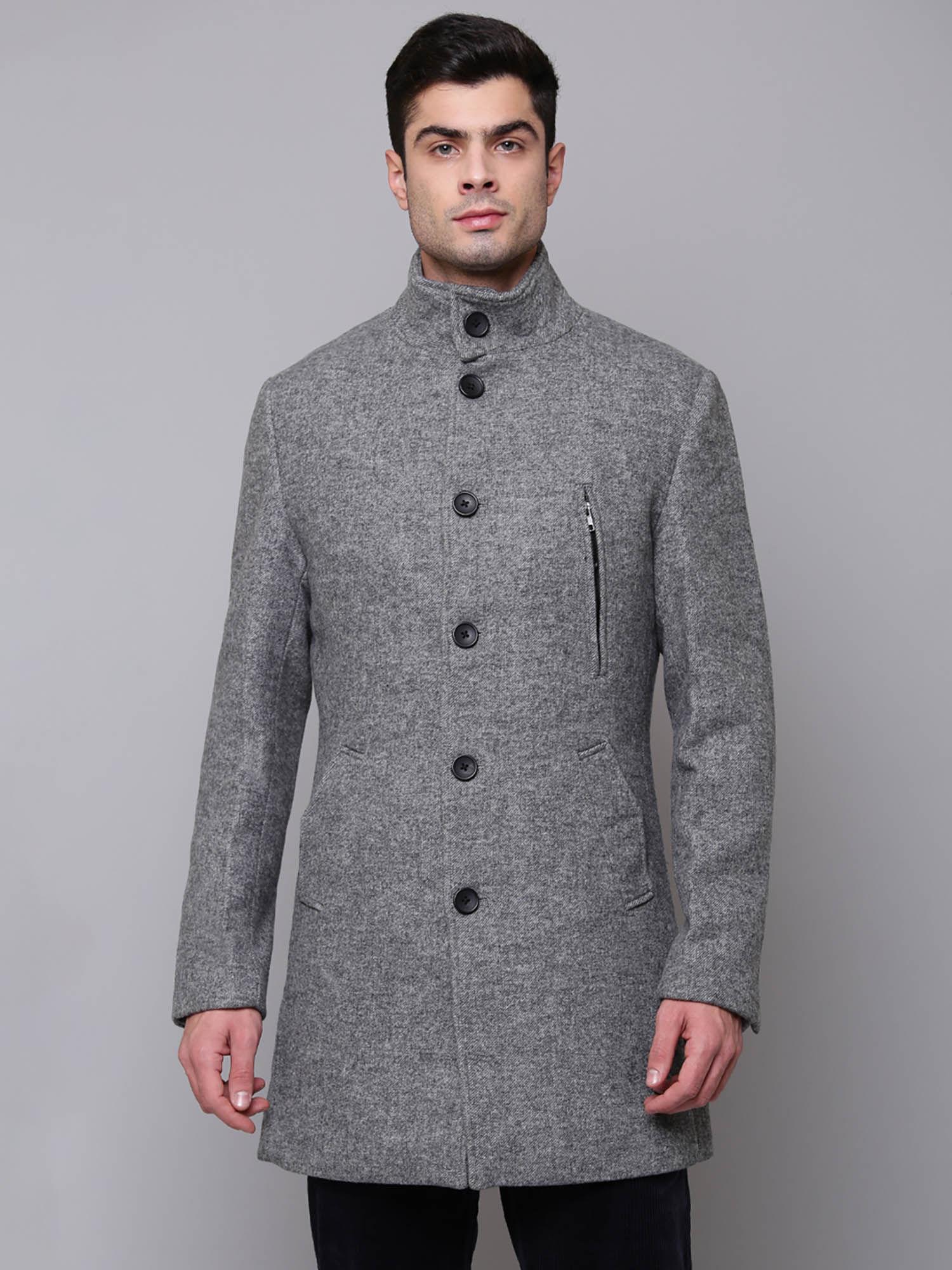 grey solid notched lapel coat