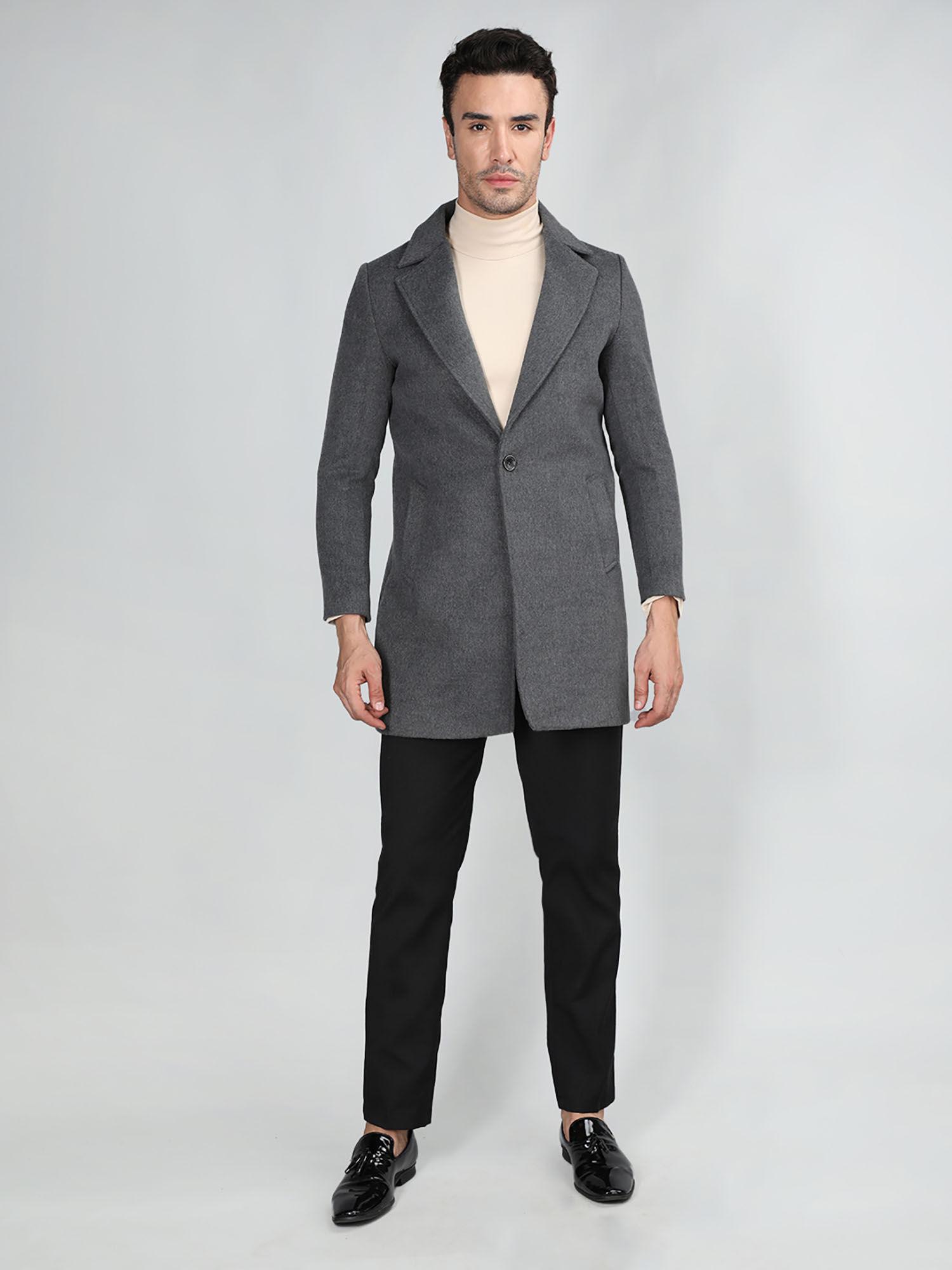 grey solid notched lapel coats