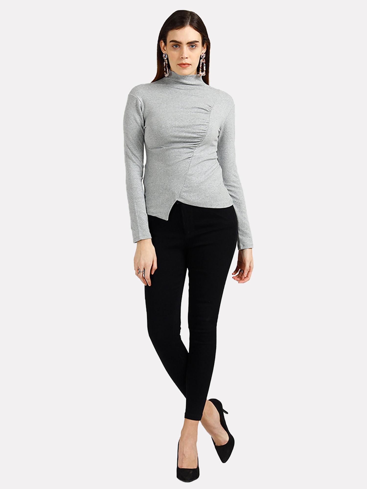 grey solid plain asymmetrical ruched long sleeve top