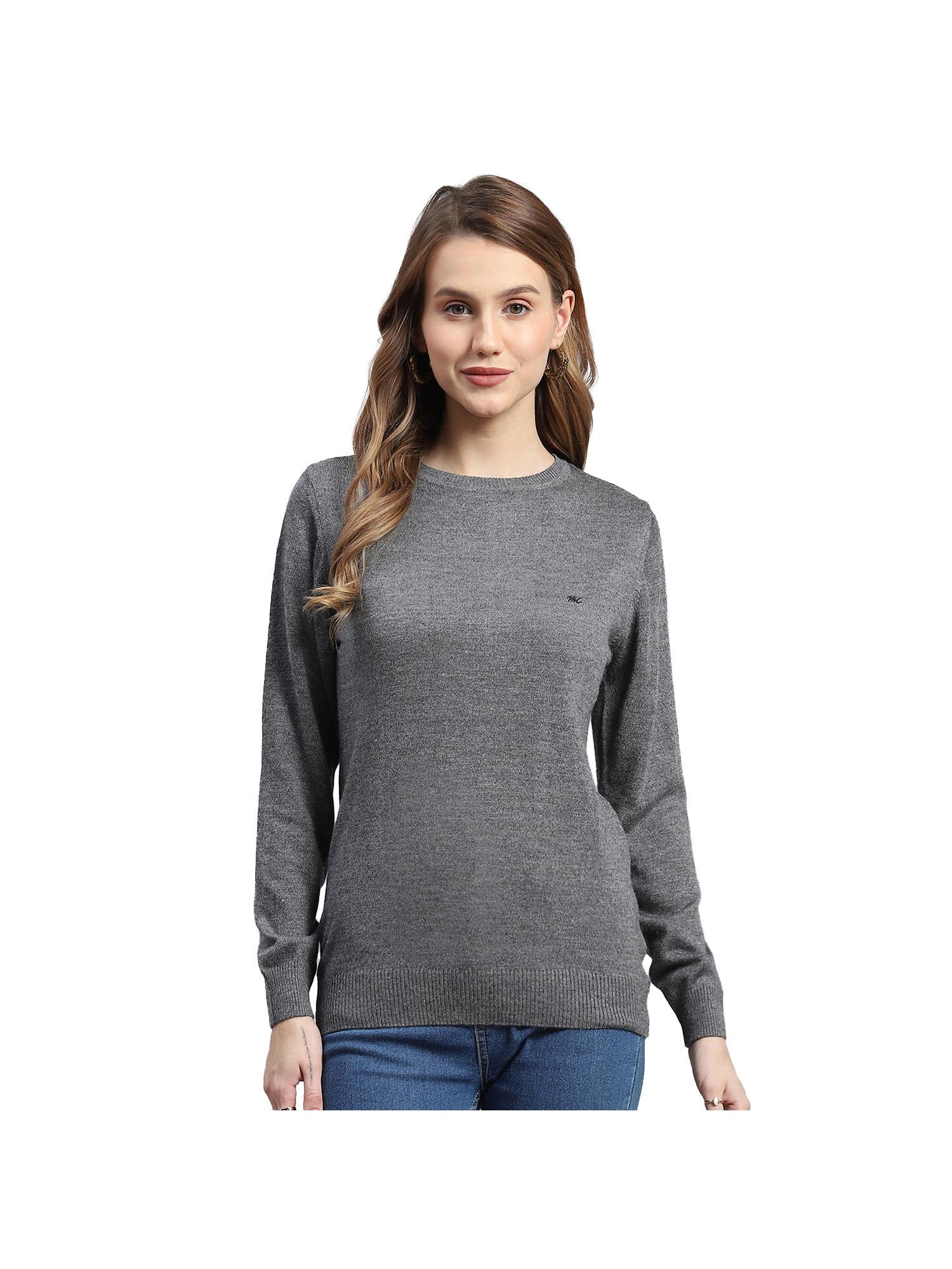 grey solid round neck full sleeves sweater