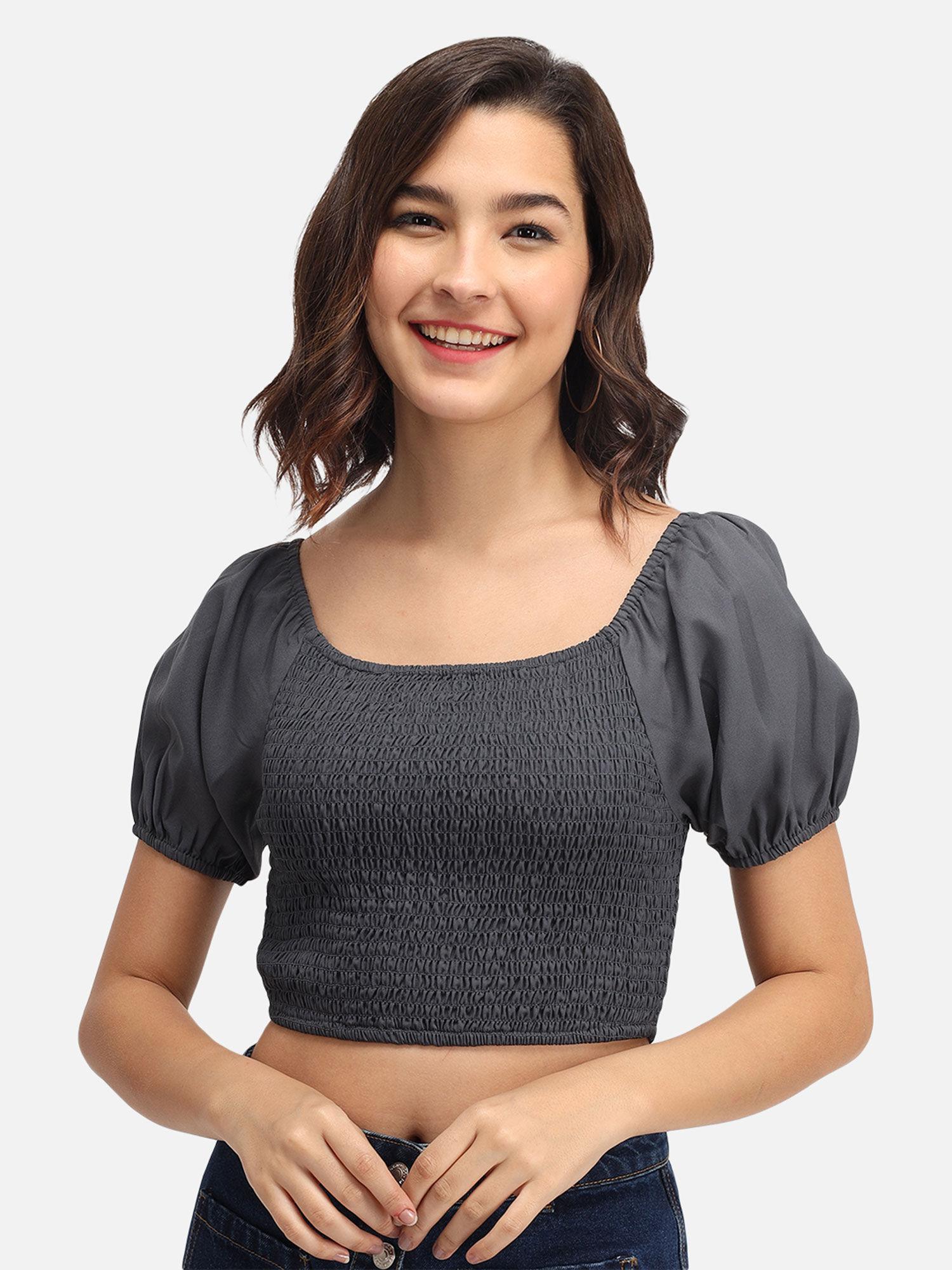 grey solid smocking crop top