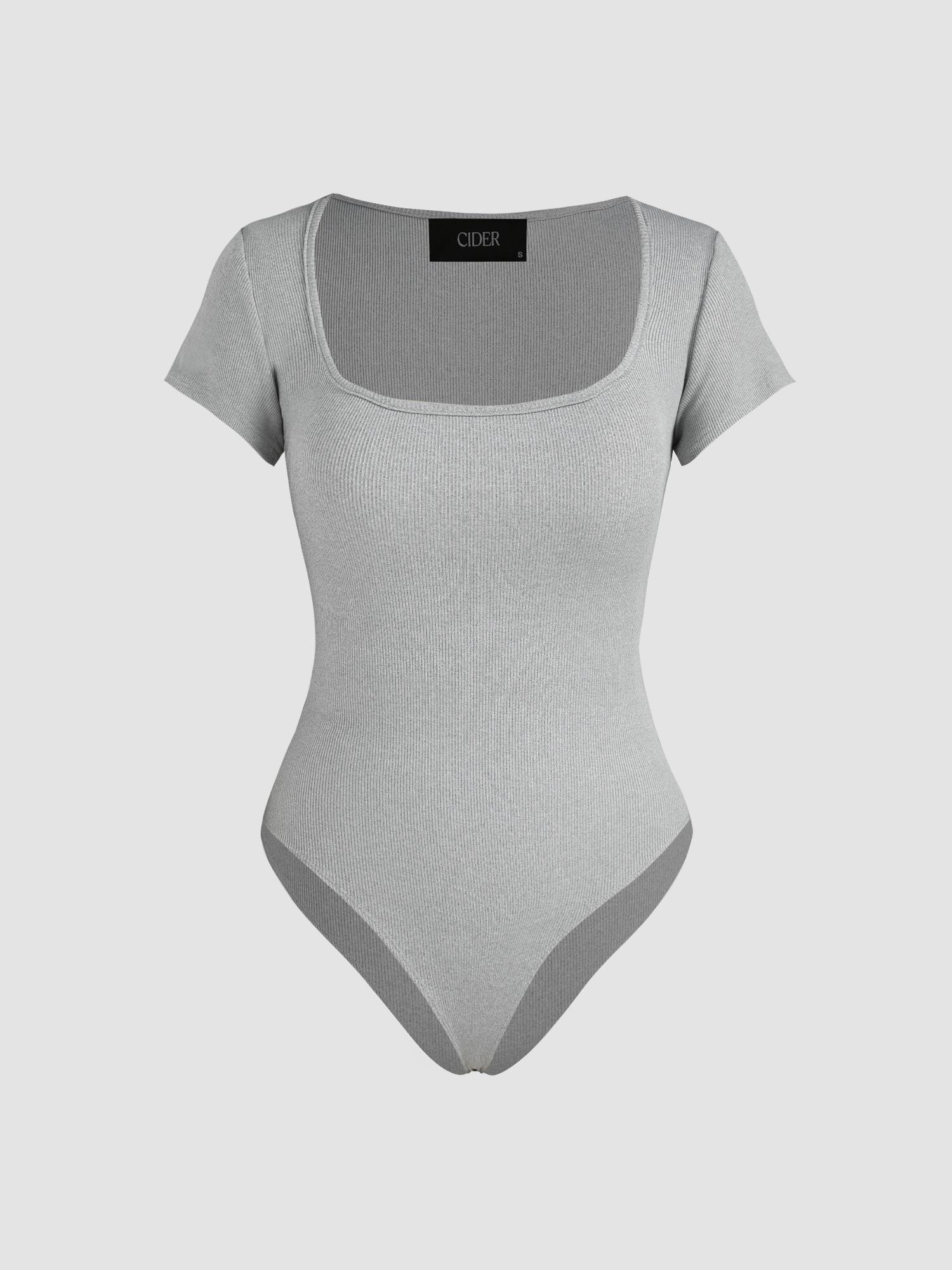 grey solid square neck short sleeve bodysuit