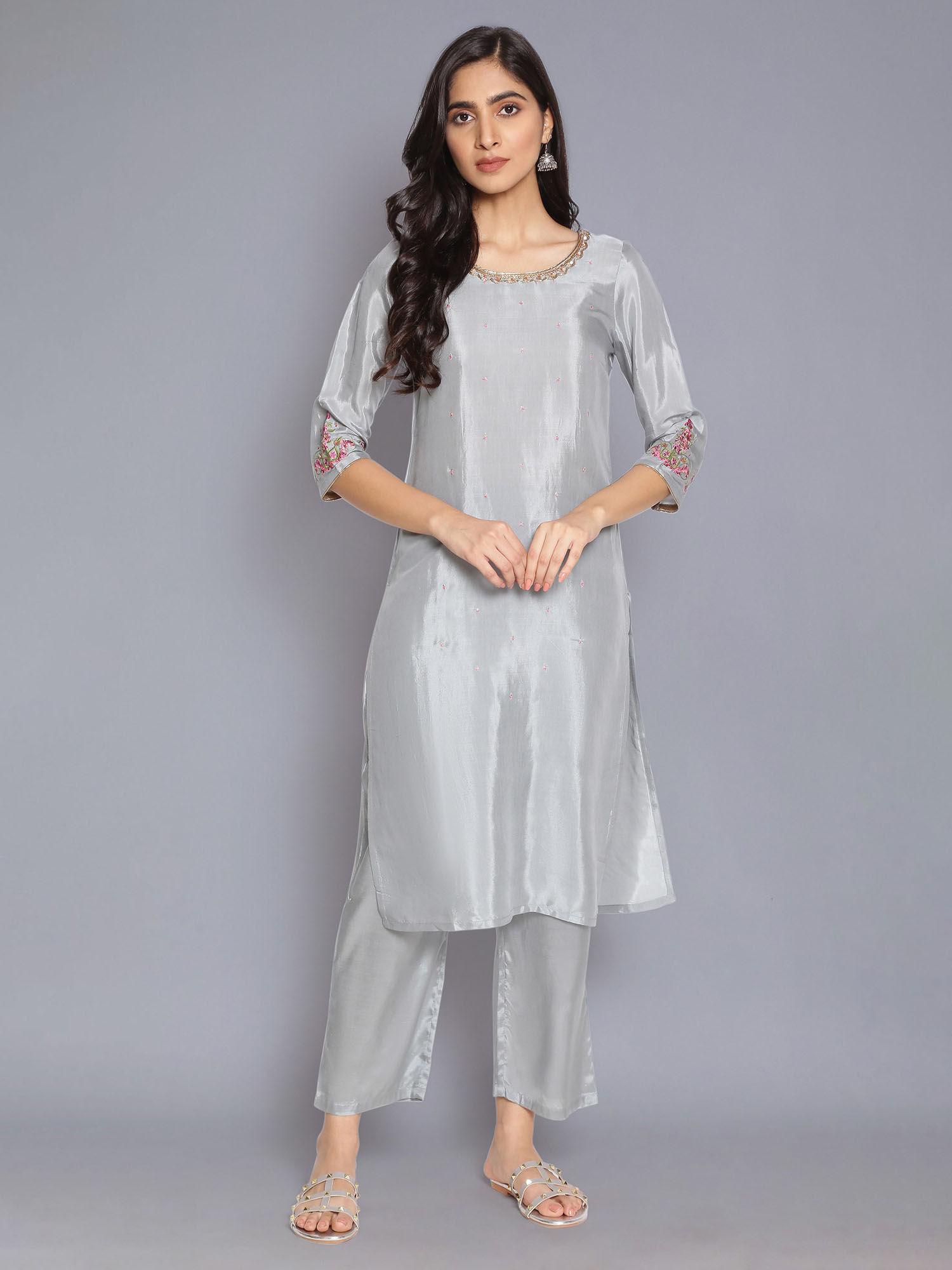 grey solid straight kurta