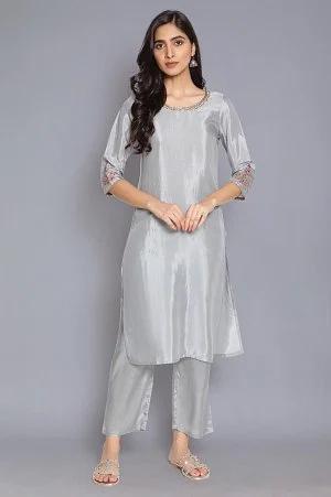 grey solid straight kurta