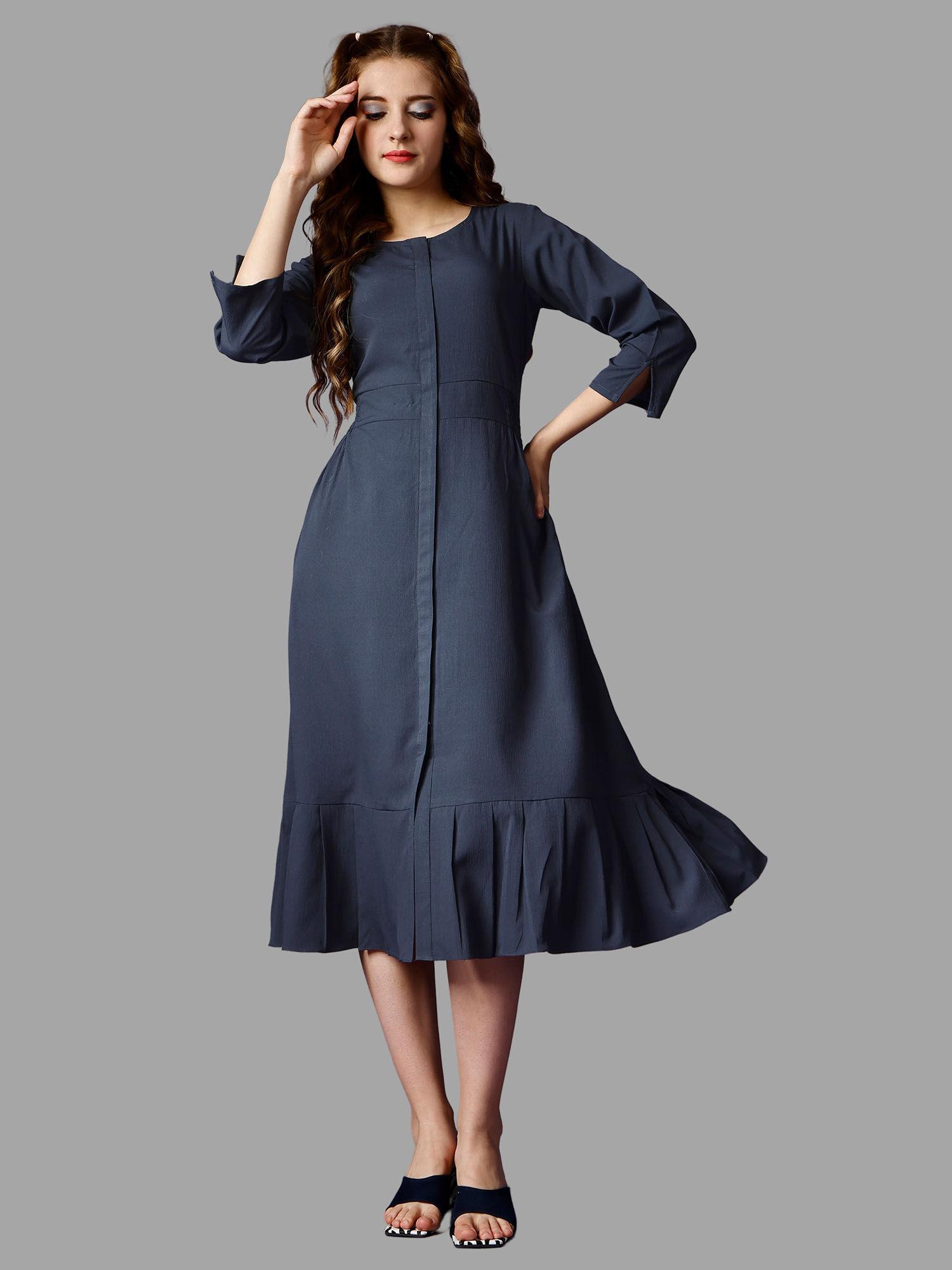 grey solid three fourth sleeves midi dress for women