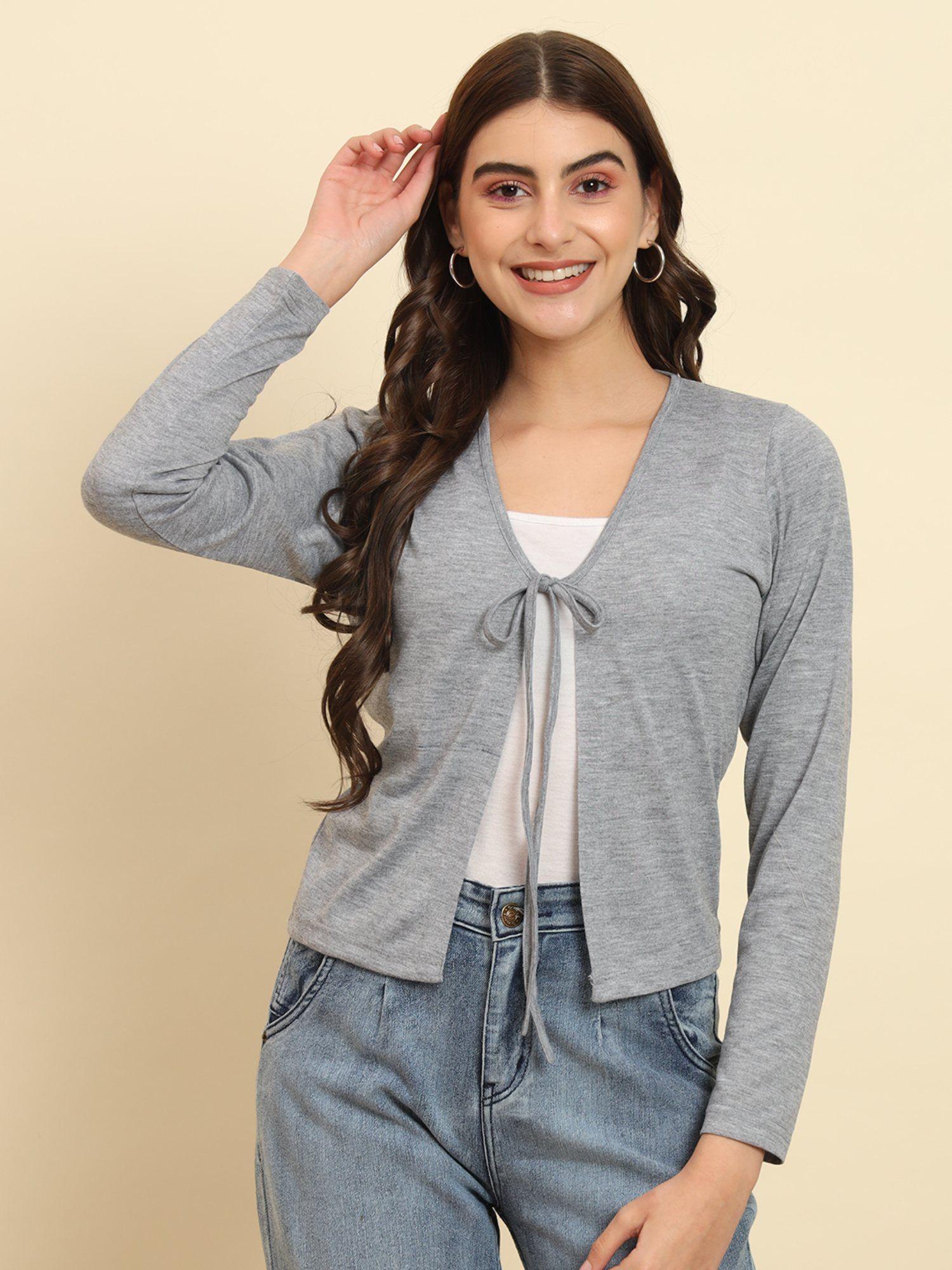 grey solid tie-up shrug