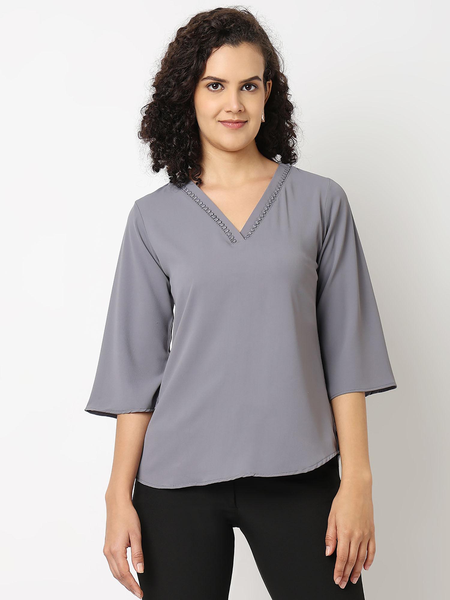 grey solid v neck top with lace