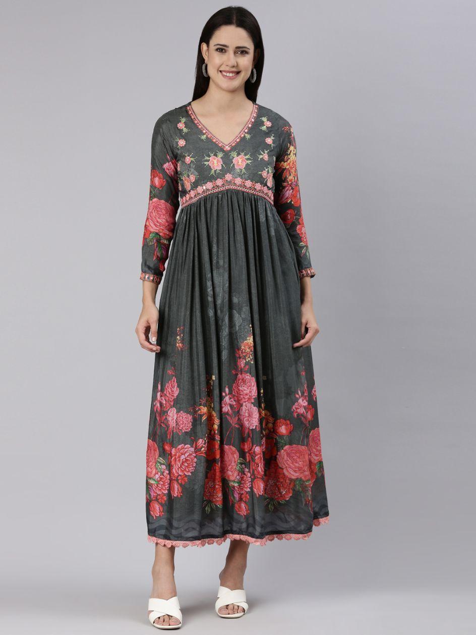 grey straight casual floral dress