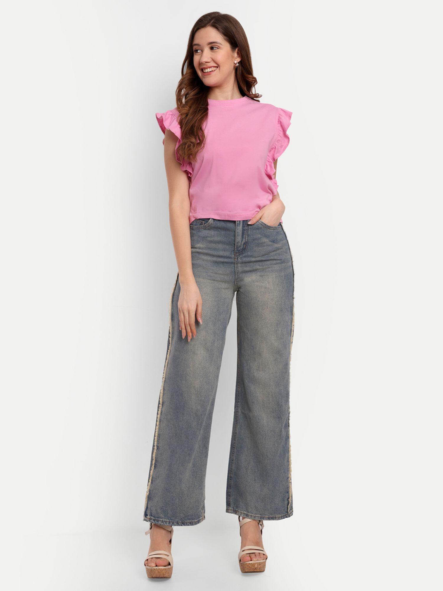 grey straight legged denim jeans with frayed detailing