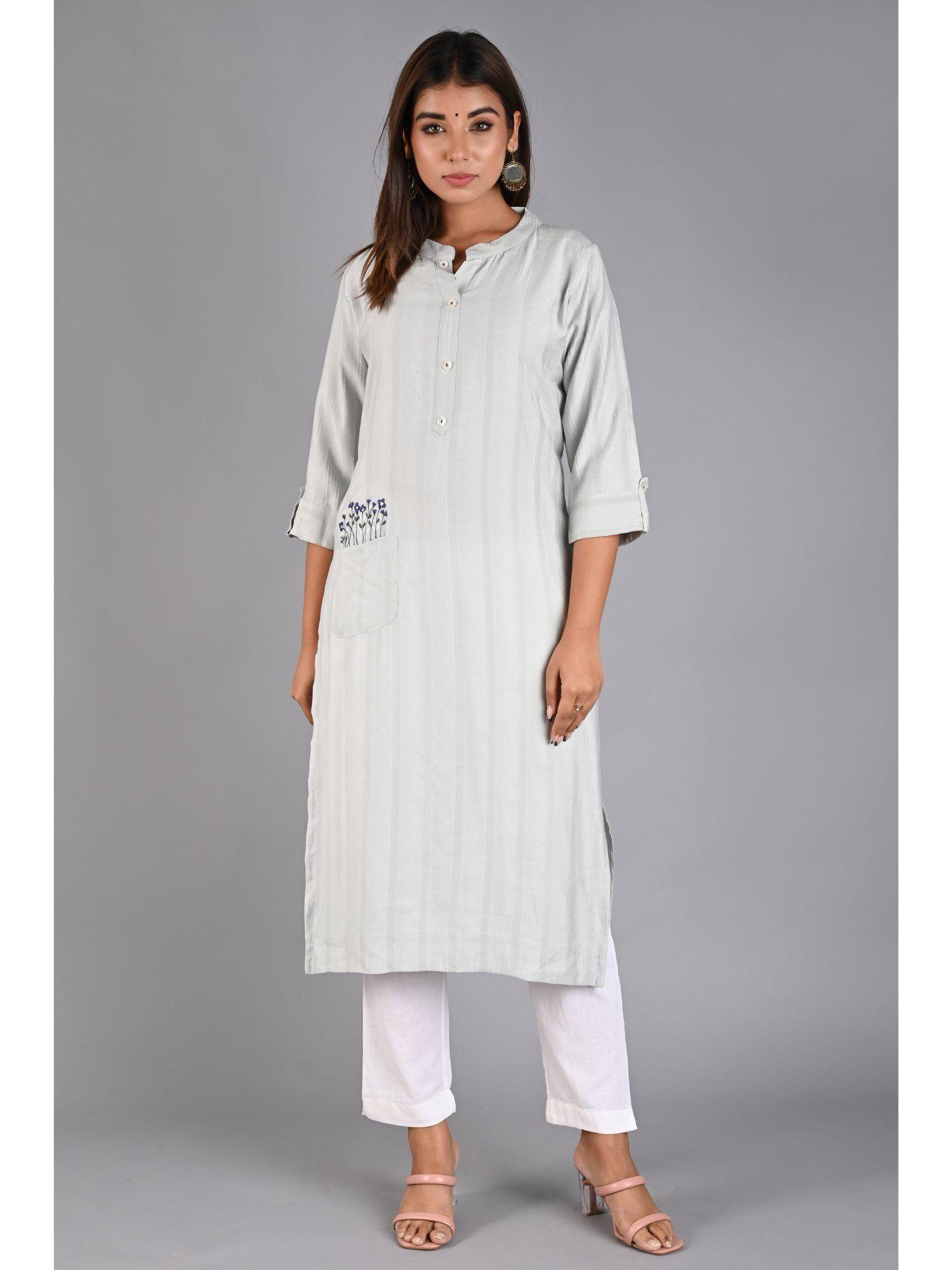 grey straight stripes kurta with embroidered pocket