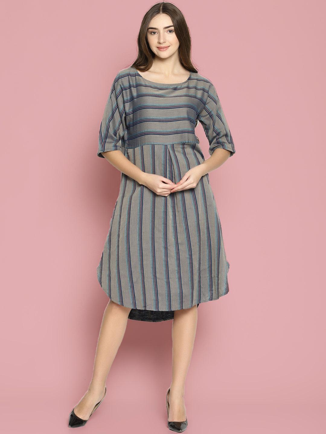 grey striped dress with curved hemline