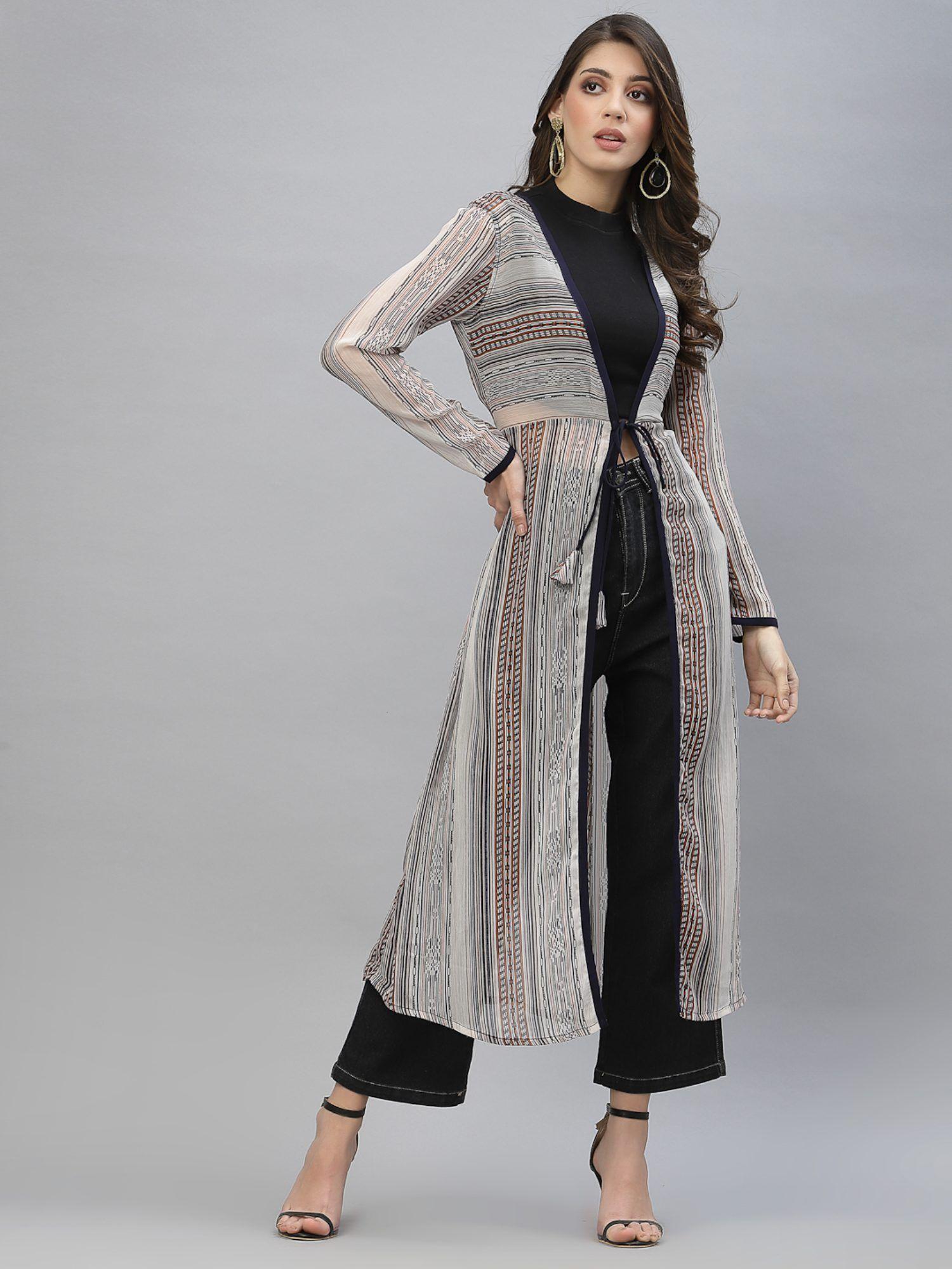 grey striped longline tie-up shrug