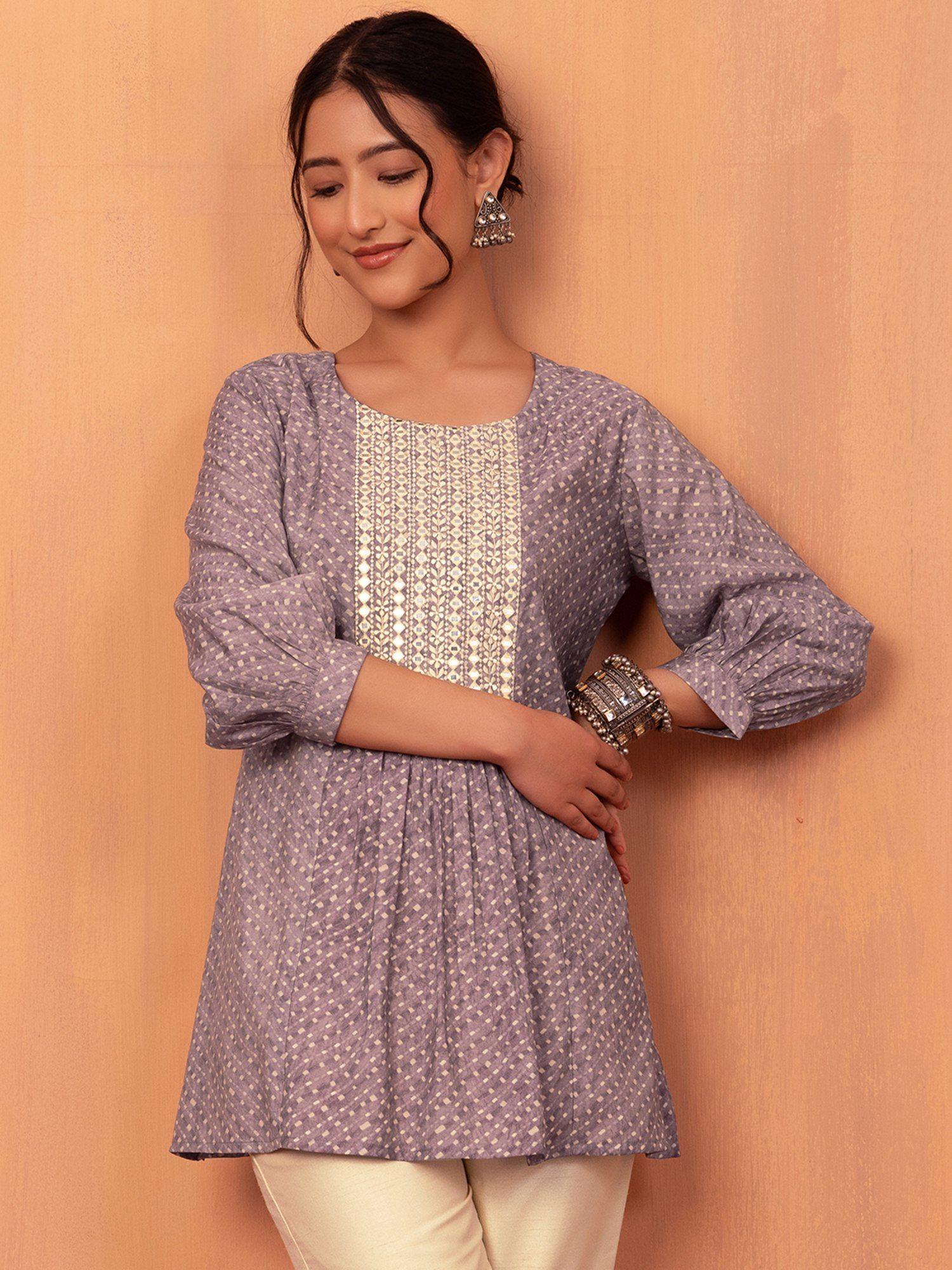 grey striped mirror embroidered muslin short kurti