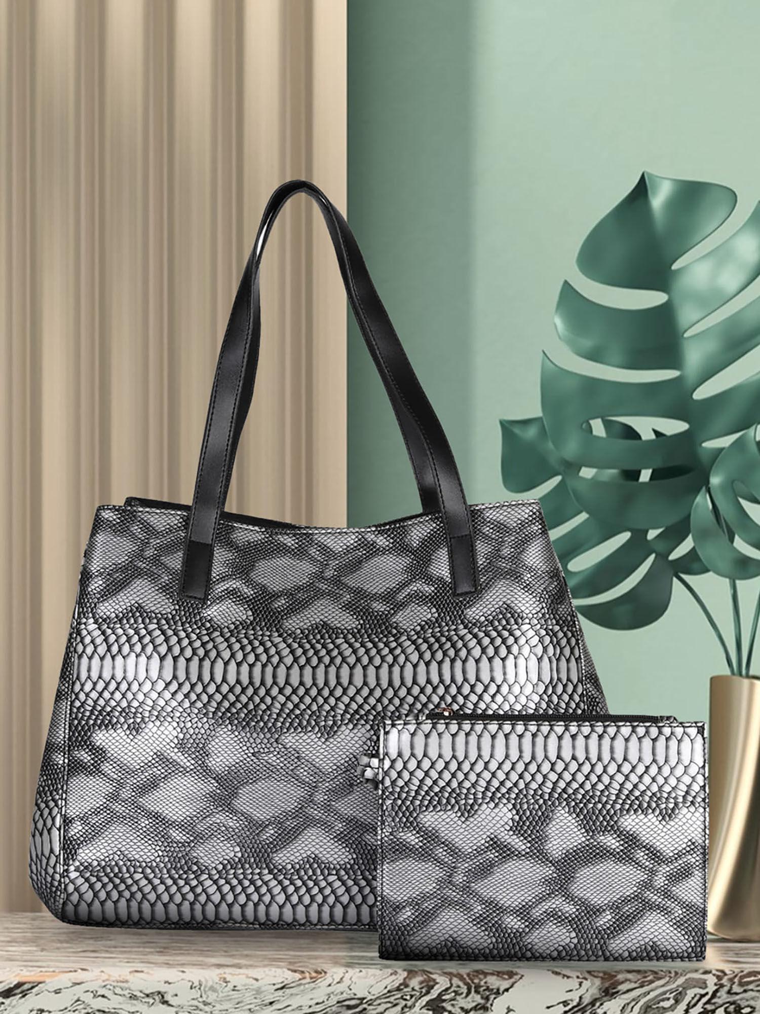 grey textured tote bag and pouch (set of 2)