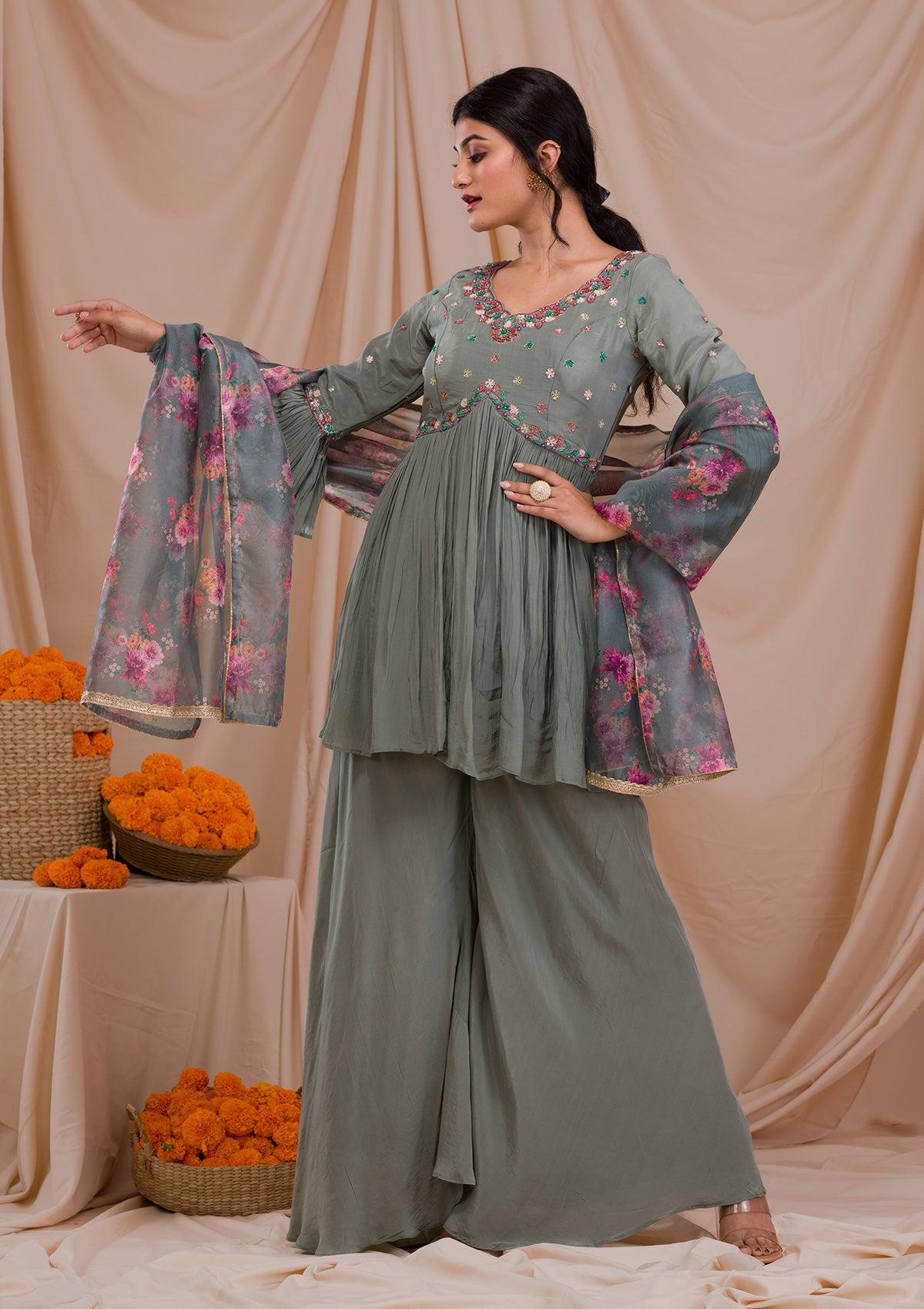 grey threadwork crepe readymade sharara suit