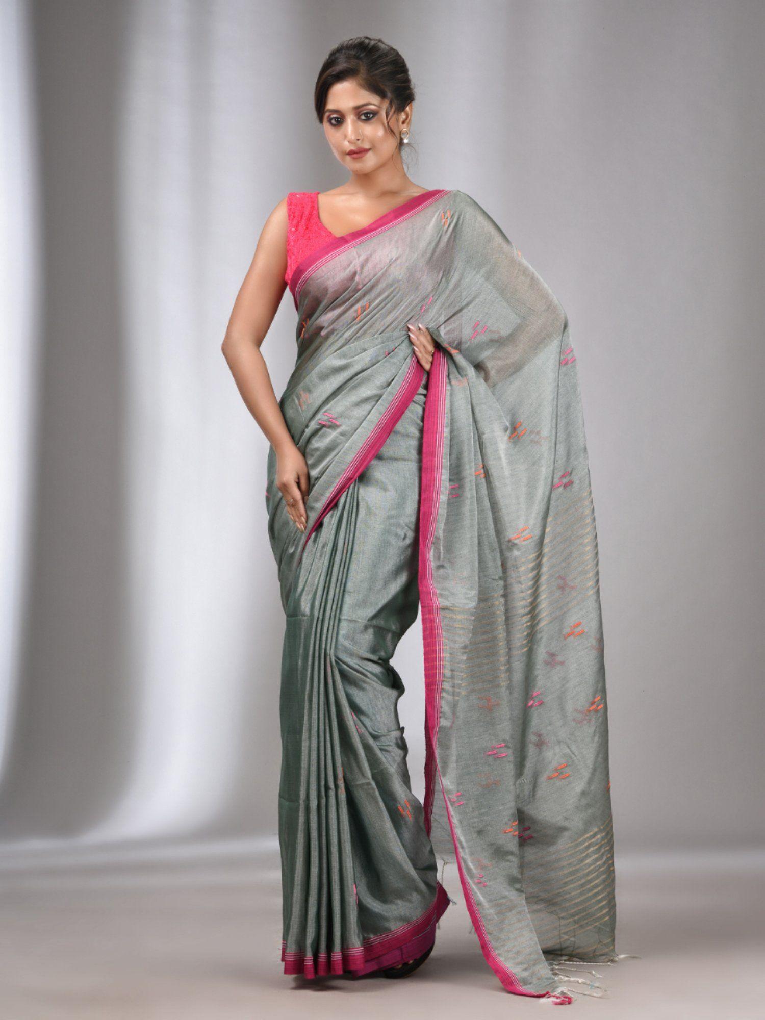 grey tissue cotton handspun handwoven soft saree with stripes pallu with unstitched blouse