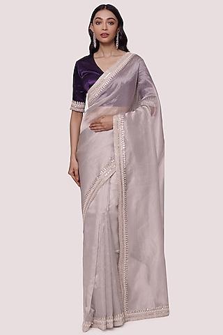 grey tissue embellished saree set