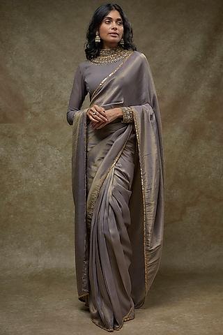 grey tissue georegtte draped saree set