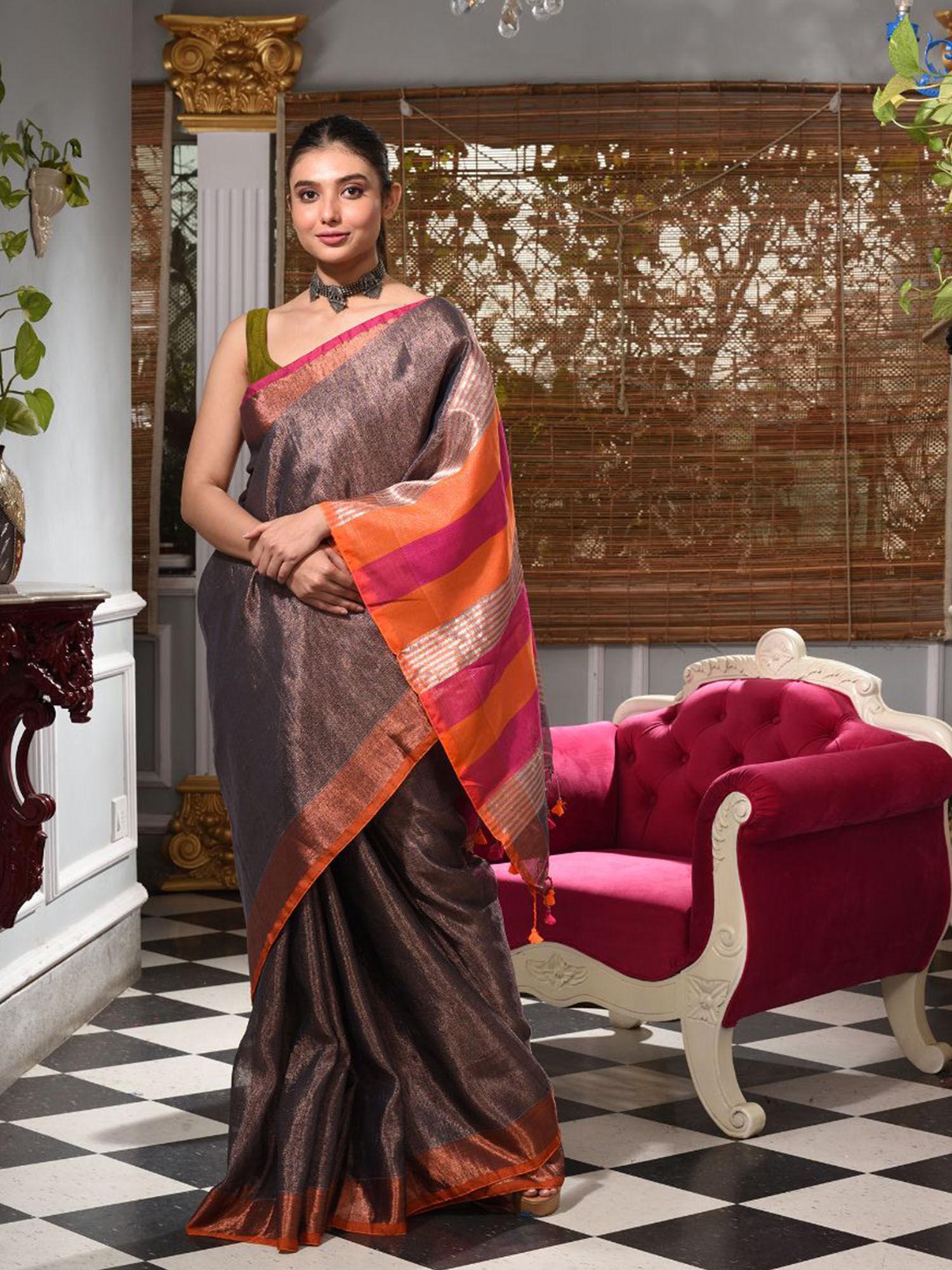 grey tissue handwoven saree with unstitched blouse piece