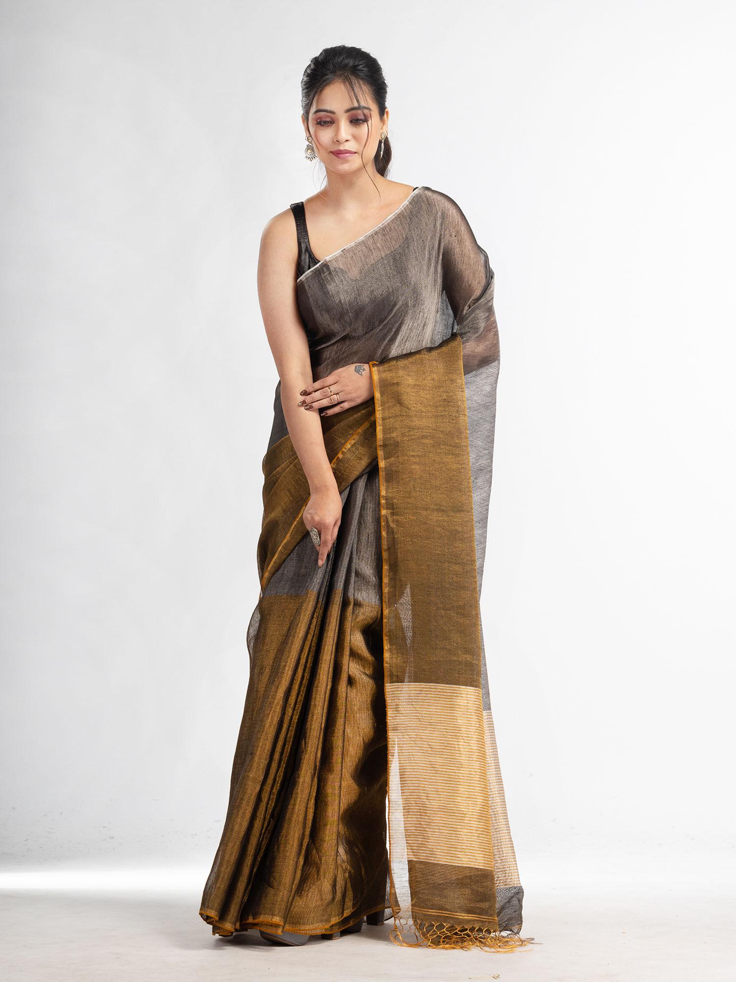 grey tissue linen multi colour pallu handwoven saree with unstitched blouse