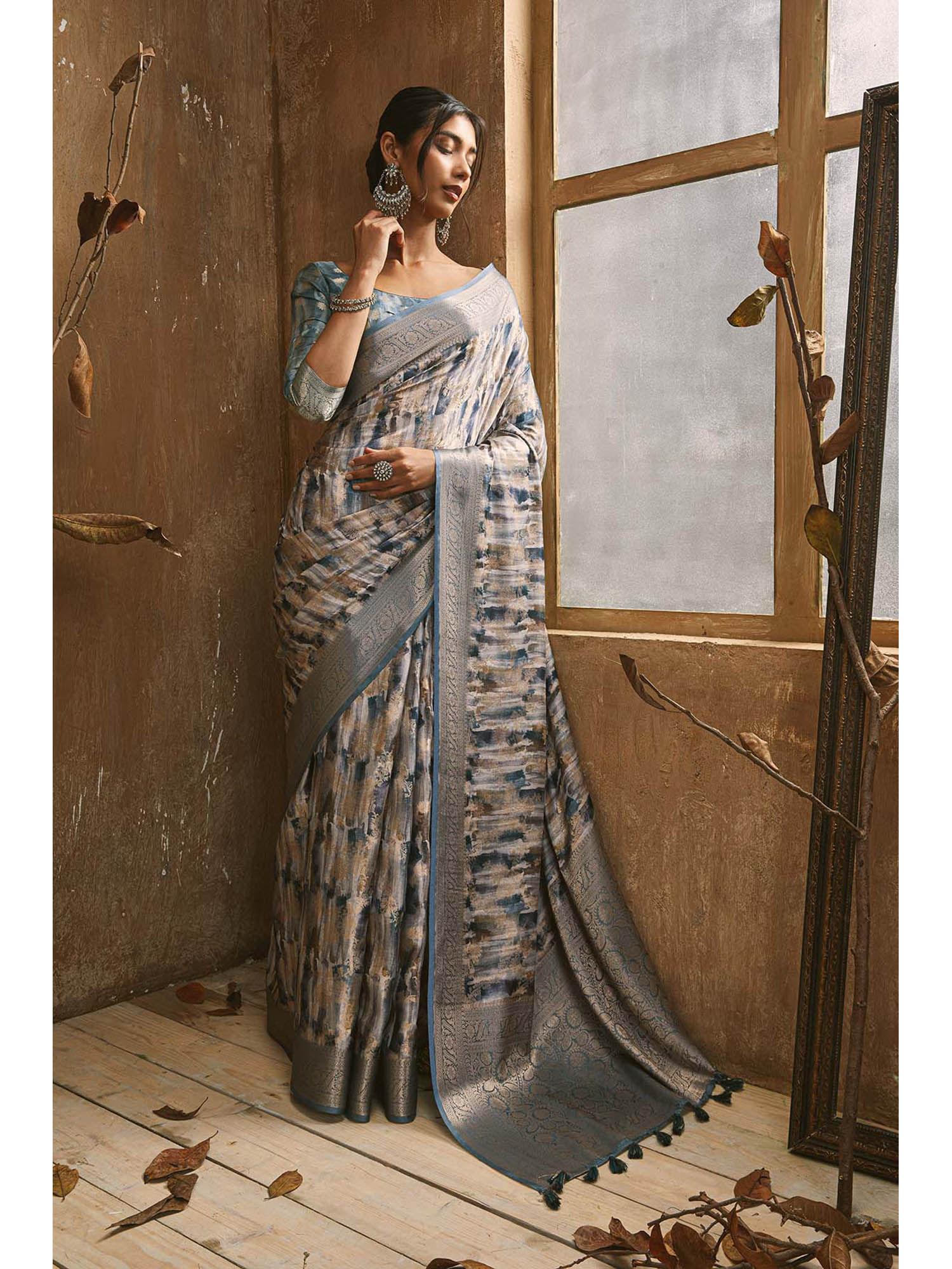 grey tussar silk abstract print and zari woven designs saree with unstitched blouse