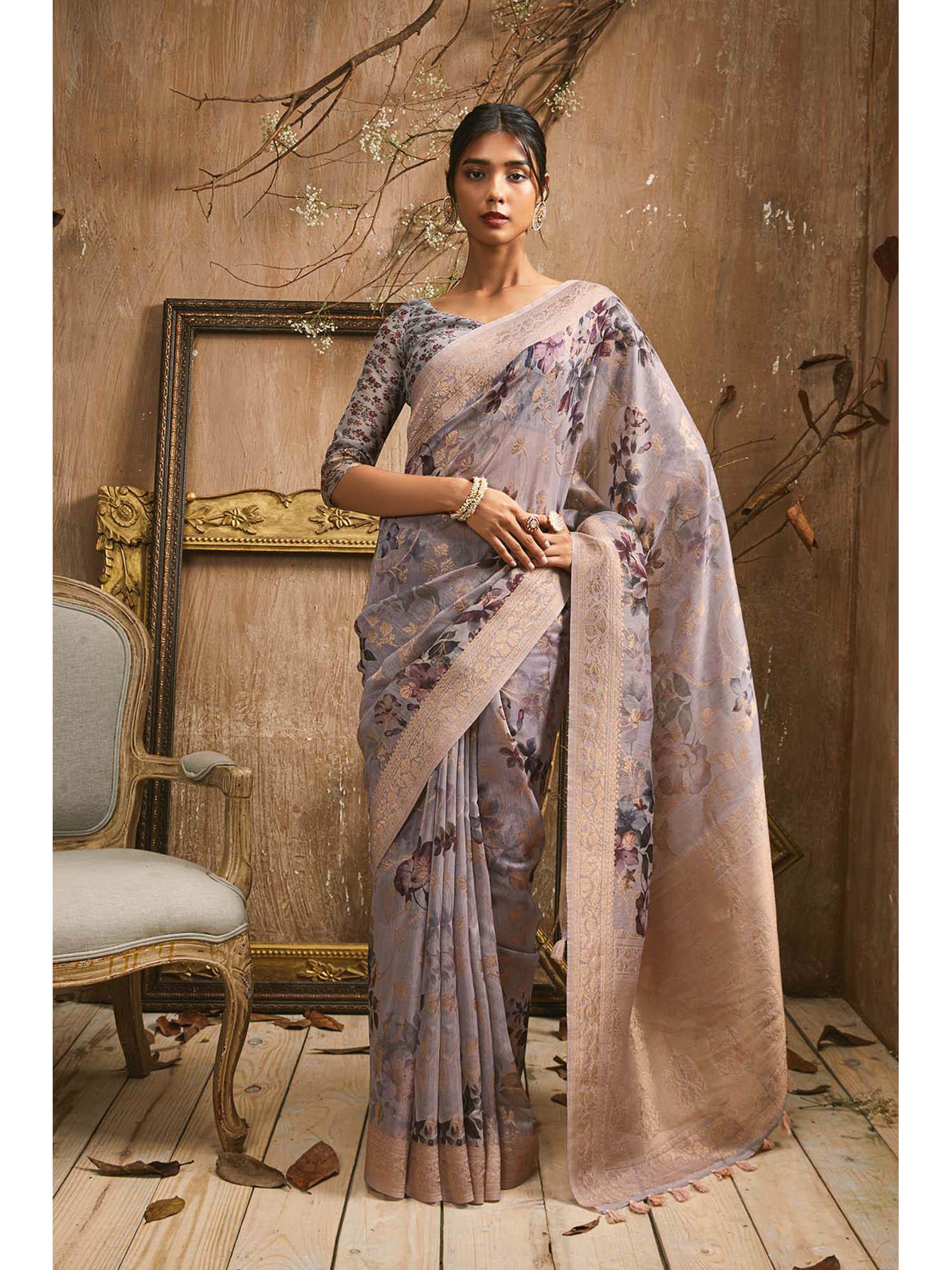 grey tussar silk floral print and zari woven designs saree with unstitched blouse