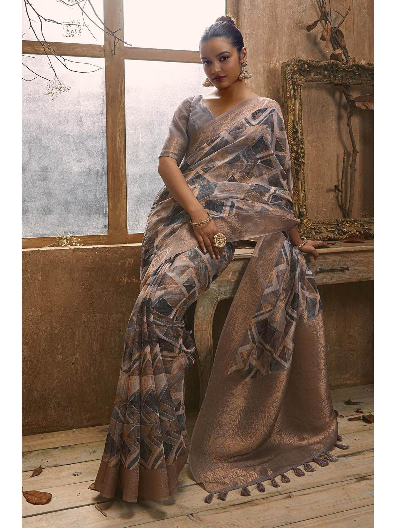 grey tussar silk geometric print and zari woven designs saree with unstitched blouse