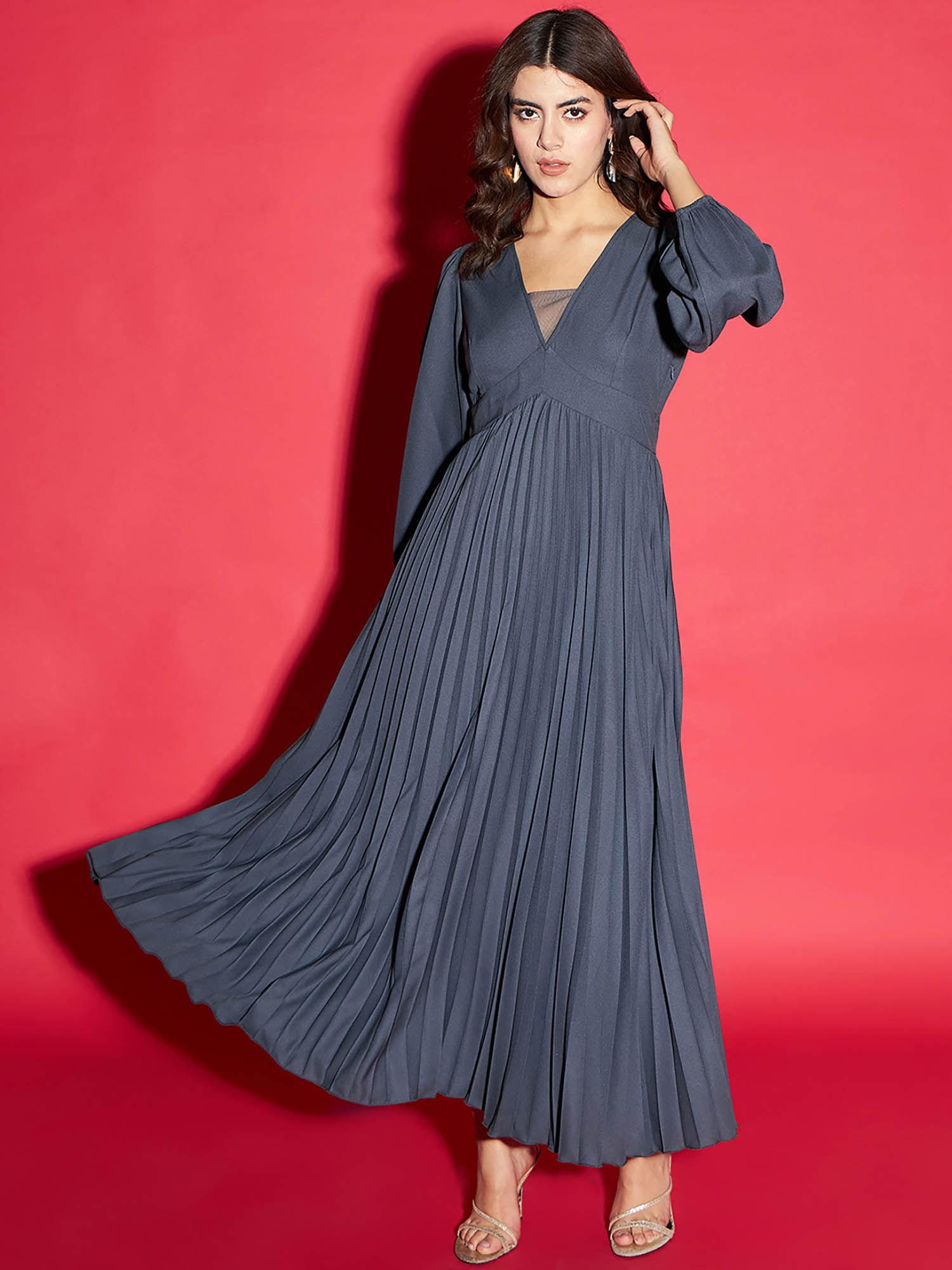 grey v- neck pleated maxi dress