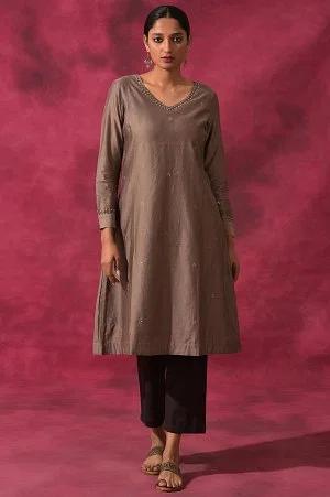 grey v-neck cotton silk kurta