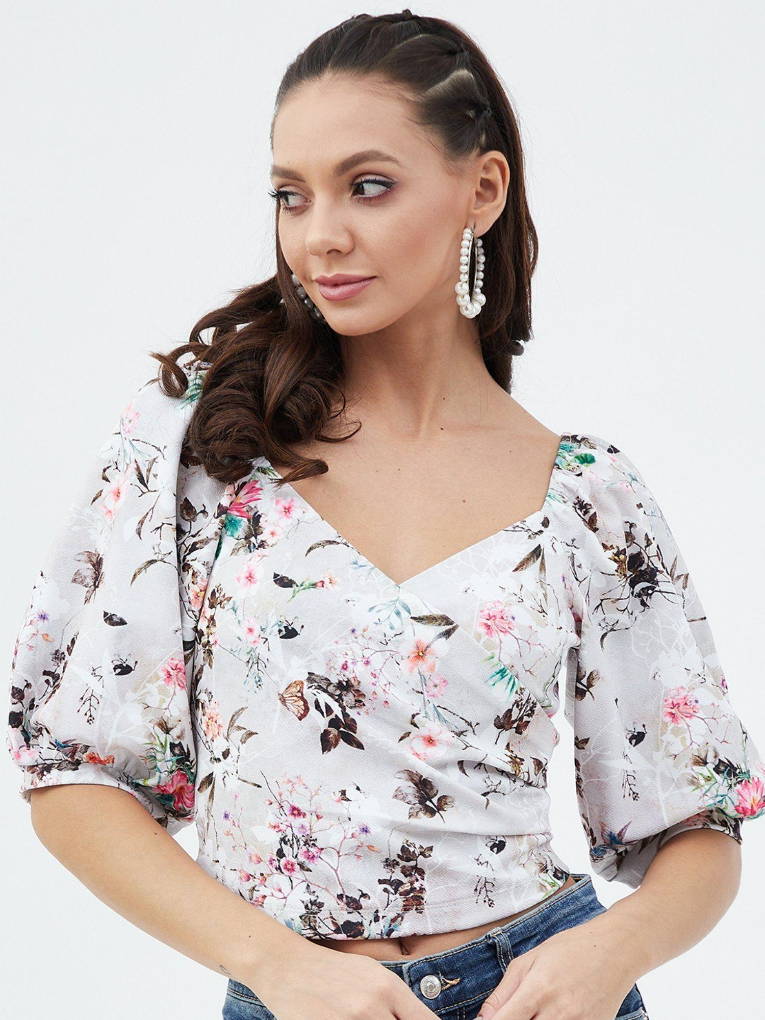 grey v-neck floral print wrap top