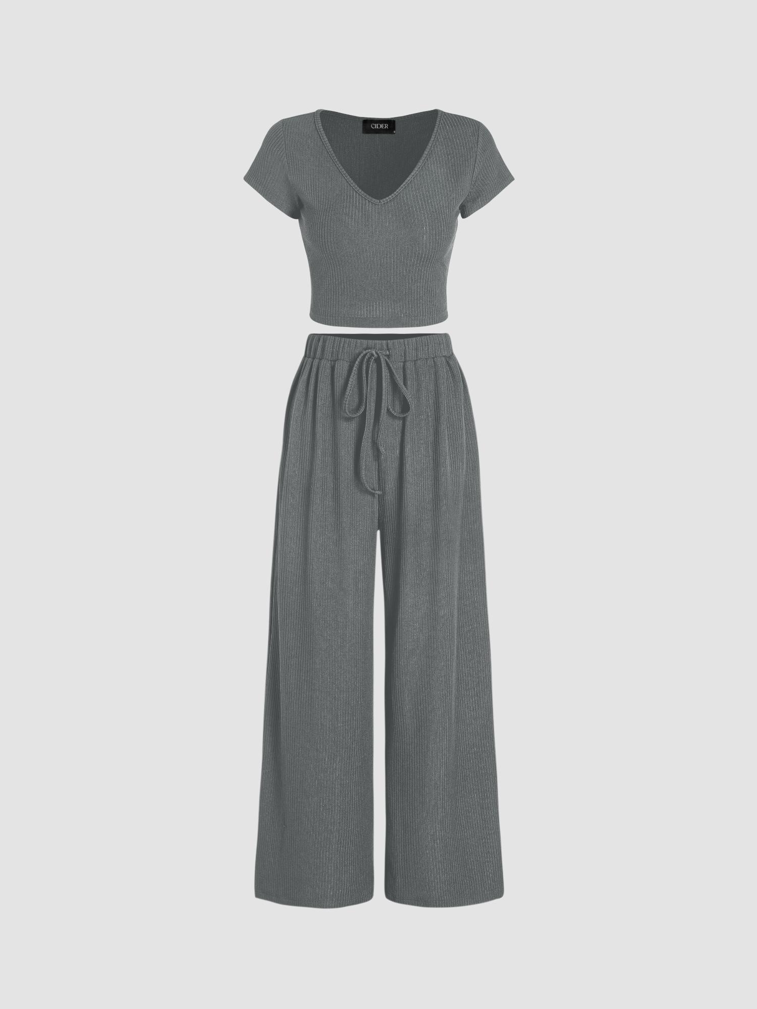 grey v-neck short sleeve crop tee and knotted wide leg pant (set of 2)