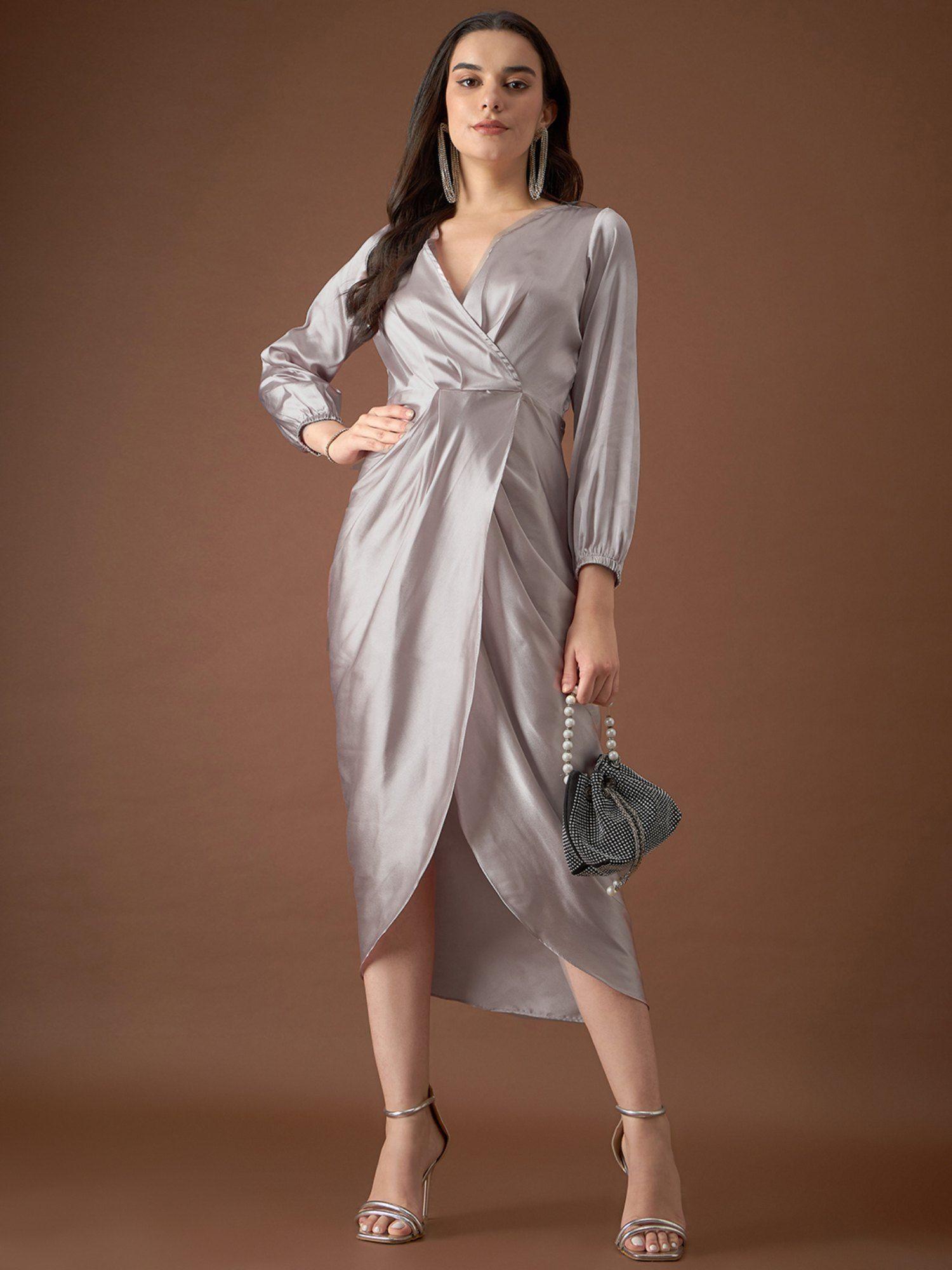 grey v-neck tulip midi dress