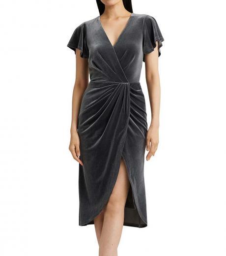 grey velvet flutter sleeve cocktail dress