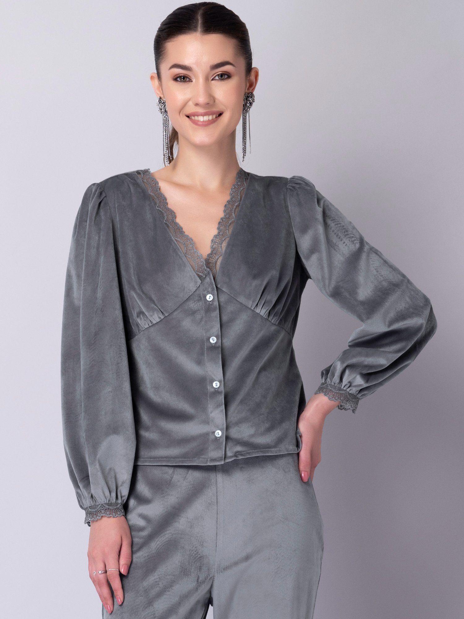 grey velvet lace trim buttoned blouse