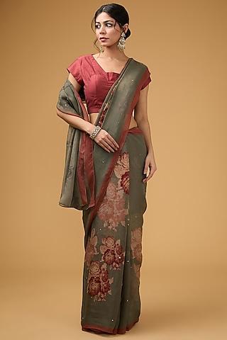 grey viscose floral digital printed saree set