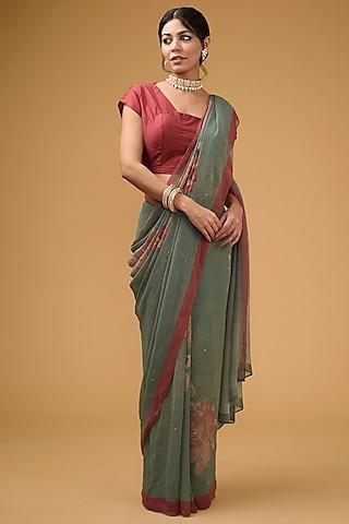 grey viscose floral digital printed saree set