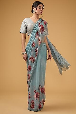 grey viscose floral digital printed saree set
