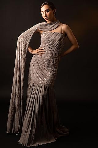 grey viscose mermaid ruched gown with cape